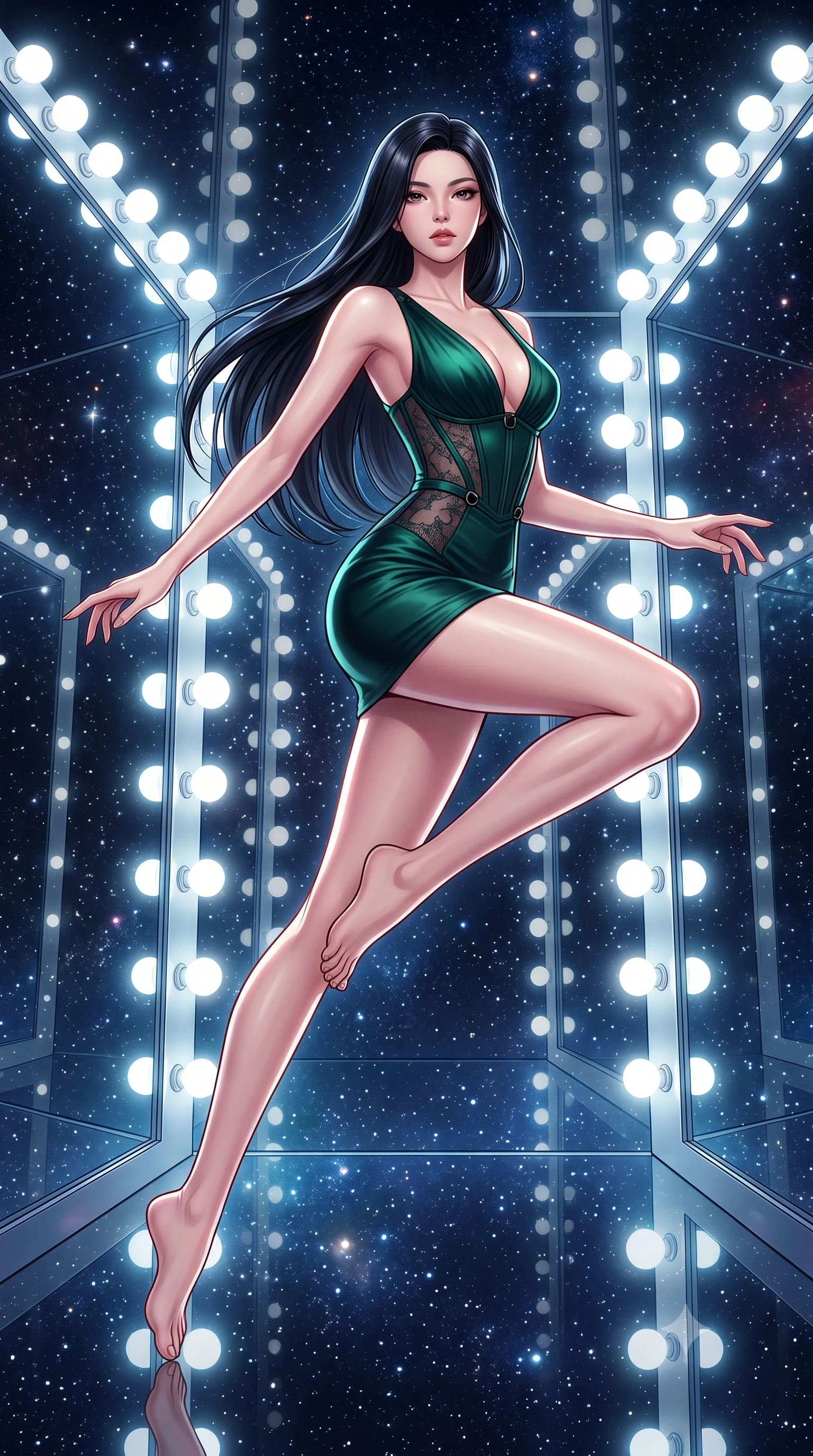 score_9, masterpiece, best quality, ultra-detailed, high-budget anime keyframe, editorial fashion photography, tasteful artistic composition, Korean woman. low angle full-body shot from head to toe showing her feet, filling the entire 9:16 vertical frame with her statuesque presence, stretching her vertical silhouette. leaping dynamically through the starry space, her posture full of power and elegance, standing inside an infinity mirror dressing room lined with bright daylight vanity lights, bright daylight vanity bulbs creating intense circular rim highlights on skin. She has an absolutely perfect, statuesque 8.5-heads proportion, an exceptionally tall and slender model-like female figure with impossibly long slender legs and an ultra-slim waist. sharp v-shaped jawline, high-bridge nose, intricate jewel-like eyes with depth, thick eyelashes, glossy lips with a natural sheen. wearing deep V-neck corset bodice mini dress with sheer dark lace panels in deep emerald green, made of liquid dark mercury jersey, adorned with minimalist black onyx hardware framing the silhouette, highlighting her statuesque proportions and ultra-slim waistline. illuminated by bright daylight vanity bulbs and multi-directional studio key rays. highly saturated vibrant anime colors, detailed shading with soft gradients, rich glossy textures, high-contrast stereoscopic depth, volumetric dynamic lighting, master piece, 9:16 ratio