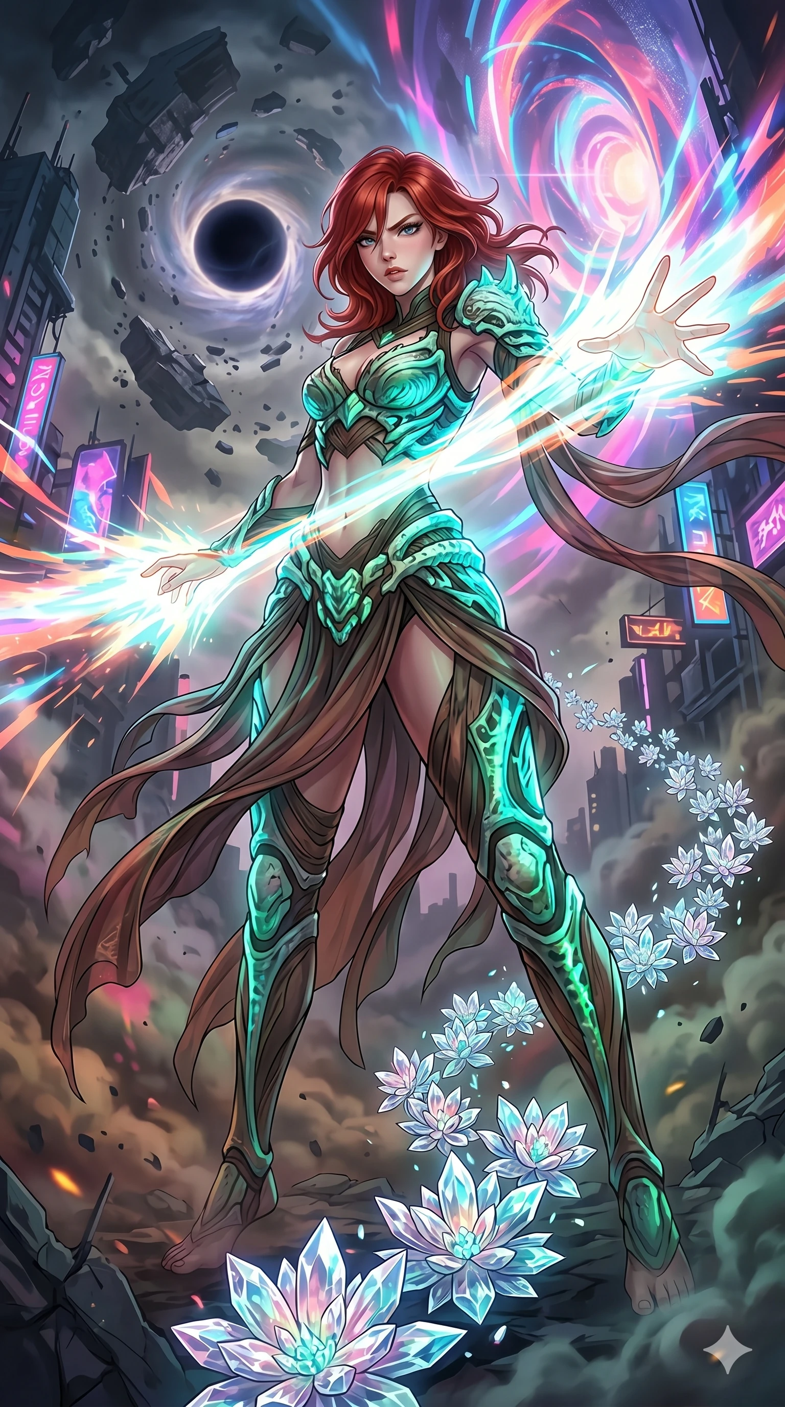 score_9, masterpiece, best quality, ultra-detailed, Set A: High-budget Anime Keyframe, Korean woman. Low angle cowboy shot filling the entire 9:16 frame with her statuesque presence. Theme: Urban Decay. unleashing a massive energy wave in the edge of a black hole, while she leaves a trail of 76 blooming crystal flowers. The atmosphere is filled with heavy smog with neon flares. She has an absolutely perfect 8-heads proportion, an exceptionally tall and slender female figure with impossibly long slender legs and an ultra-slim waist. Sharp v-shaped jawline, high-bridge nose, intricate jewel-like eyes with depth, glossy lips. Wearing Primal jungle-warrior outfit with bioluminescent bone-armor and sheer silk wraps. Cinematic lighting, vivid colors, dramatic shadows, 2k, ultra detail, master piece, 9:16 ratio