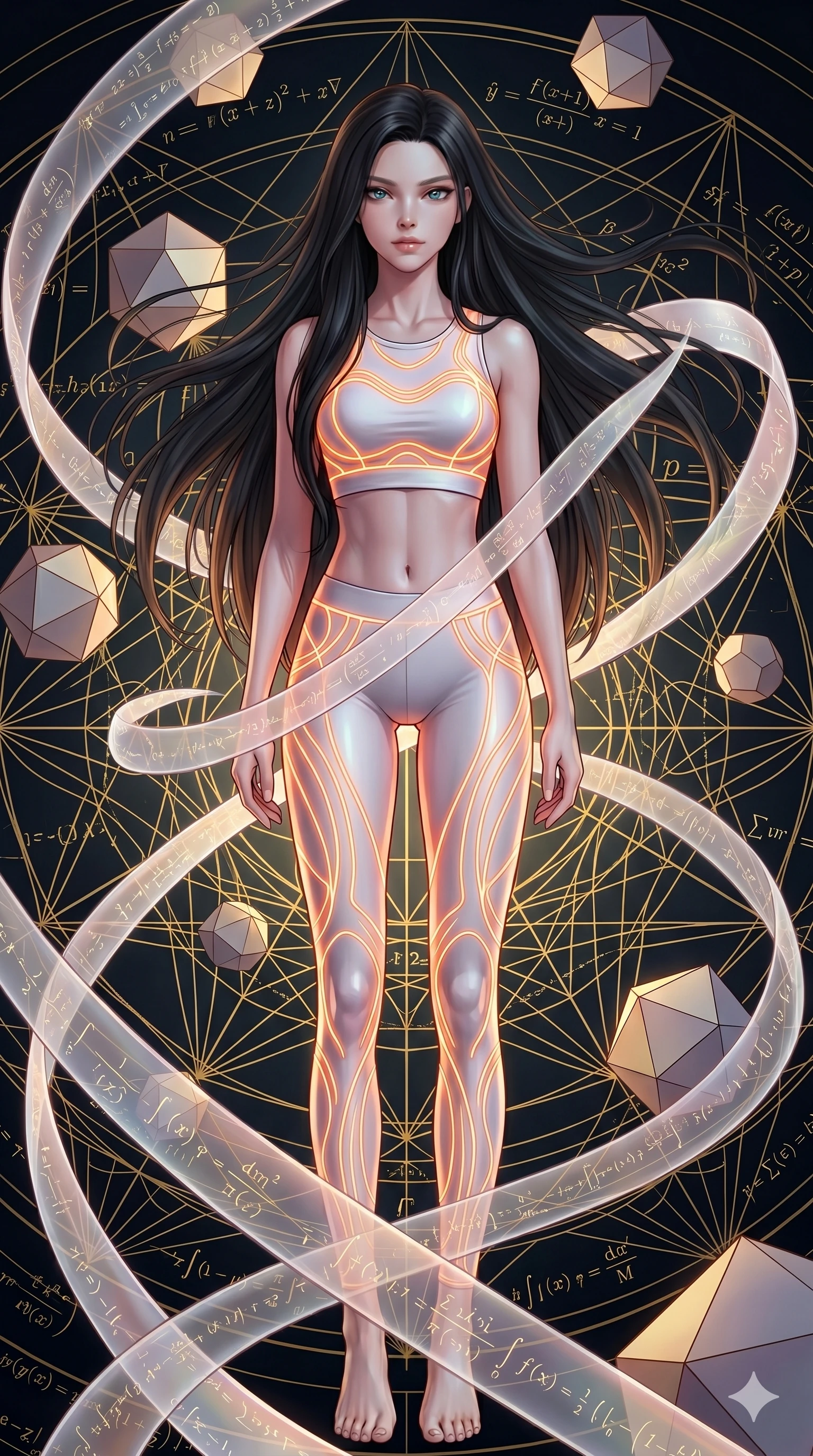score_9, masterpiece, best quality, ultra-detailed, high-budget anime keyframe, Caucasian woman, strictly human ears. low angle full-body shot filling the entire 9:16 frame with her statuesque presence, stretching the vertical silhouette. floating gracefully in a mathematical mandala void filled with golden geometric lines of complex formulas, holding a translucent ribbon as she glides between floating regular polyhedrons. She has an absolutely perfect 8-heads proportion, an exceptionally tall and slender female figure with impossibly long slender legs and an ultra-slim waist. V-shaped jawline, high-bridge nose, intricate jewel-like eyes with depth, thick eyelashes, glossy lips with a natural sheen.. wearing a neon filament athleisure set, featuring a tight white crop top and matching leggings woven with glowing orange neon filaments, highlighting her slender body contour. accented by dynamic color-blocked lighting with high-contrast shadows emphasizing her statuesque height. 2k, ultra detail, master piece, 9:16 ratio