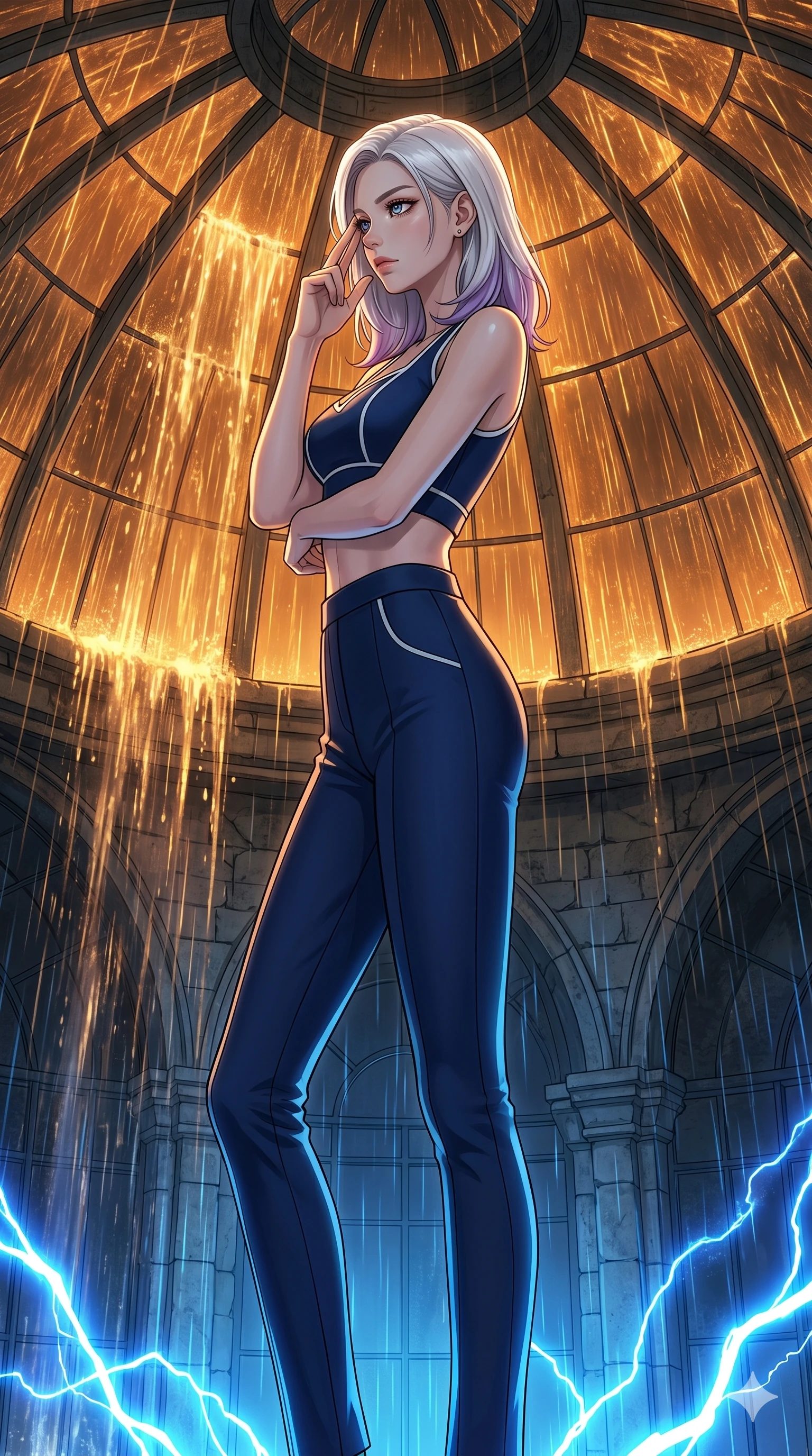 score_9, masterpiece, best quality, ultra-detailed, high-budget anime keyframe, editorial fashion photography, tasteful artistic composition, Caucasian woman, strictly human ears. cowboy shot from the thighs up, character and outfit filling the frame for maximum editorial presence. Pressing two fingers to her temple in a composed thoughtful gesture inside a glass dome sanctuary during a heavy downpour of glowing amber rain. She has an absolutely perfect 8-heads proportion, an exceptionally tall and slender female figure with impossibly long slender legs and an ultra-slim waist. V-shaped jawline, high-bridge nose, intricate jewel-like eyes with depth, thick eyelashes, glossy lips with a natural sheen. wearing a structured crop top in thick navy neoprene with contrast white piping, paired with matching high-waist neoprene trousers with a slim-fit leg. highlighted by pulsing electric blue plasma arc lighting from below, casting dramatic upward shadows. 2k, ultra detail, master piece, 9:16 ratio