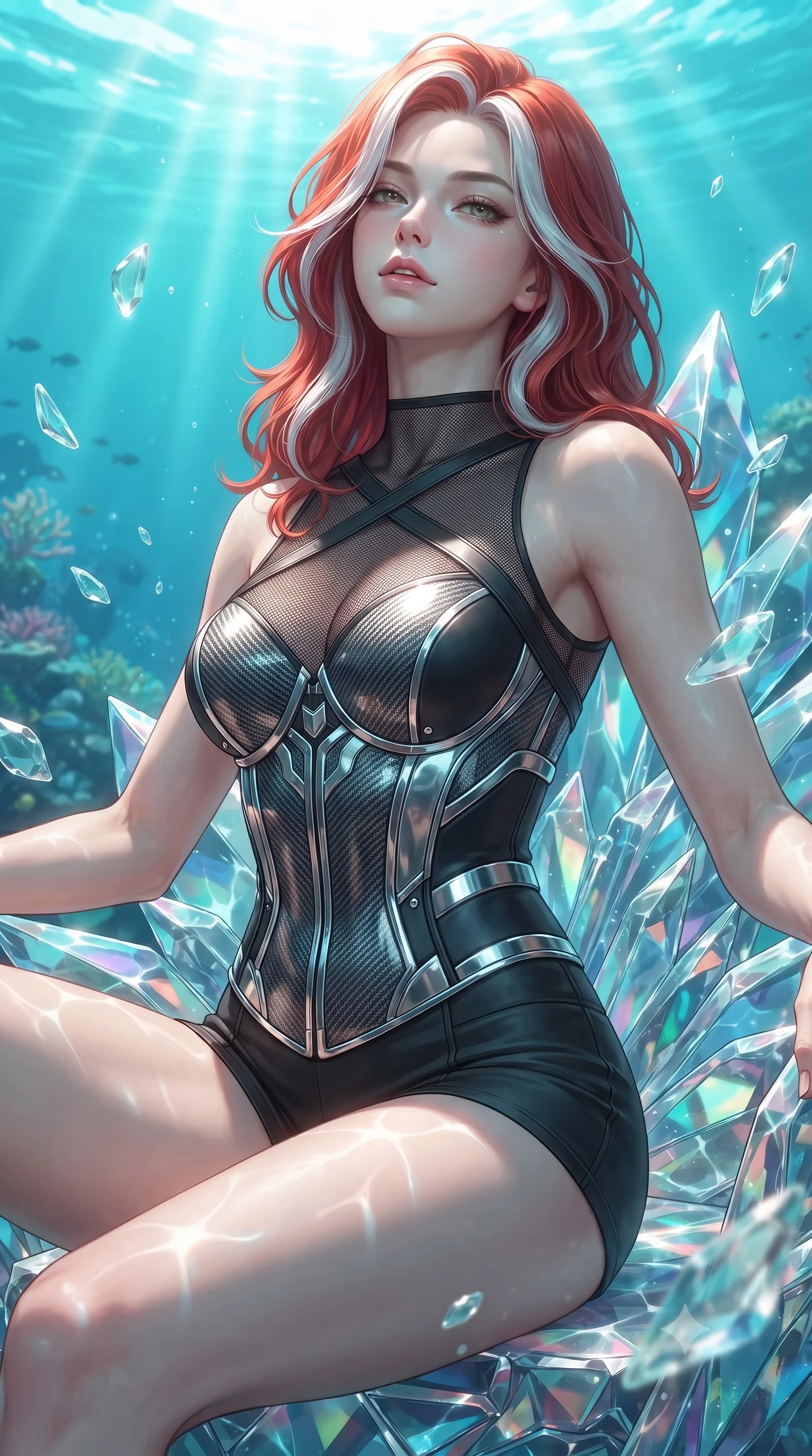 score_9, masterpiece, best quality, ultra-detailed, high-budget anime keyframe, editorial fashion photography, tasteful artistic composition, Caucasian woman. close-up cowboy shot from the waist and thighs up, the character dominates the composition, filling the frame with her large presence, background elements kept in soft focus. Tilting her chin up slightly with lips parted in a magnetic, composed expression poised on an abyssal prism shell throne bathed in sunlit ocean rays, translucent sea glass fragments drifting gracefully around her. She has an exceptionally elegant, slender, and willowy female figure with an ultra-slim waist, a gracefully sculpted slender torso, and a refined silhouette. sharp v-shaped jawline, high-bridge nose, intricate jewel-like eyes with depth, thick eyelashes, glossy lips with a natural sheen. wearing a chrome-plated structured bodice worn over a sheer mesh top and micro-shorts in matte black and polished silver, made of fine carbon-fiber weave and soft matte leather, complemented by criss-cross back straps highlighting her bare shoulders, the tailored fabric tightly following every curve of her athletic build. bathed in brilliant underwater sunbeams and soft turquoise caustic glow. ultra-reflective glossy finish, specular highlights, metallic sheen, high-contrast stereoscopic depth, volumetric dynamic lighting, 2k, ultra detail, master piece, 9:16 ratio