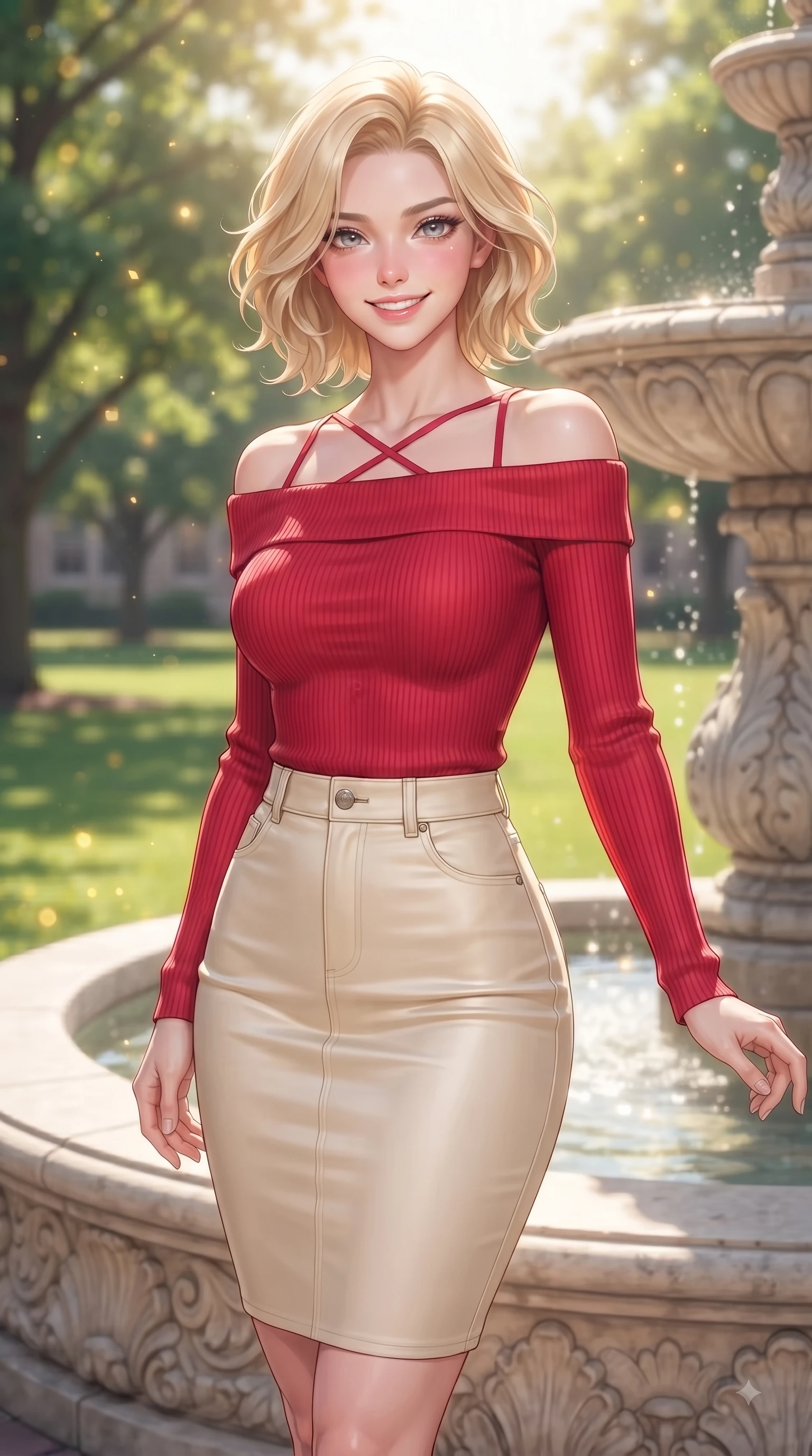 score_9, masterpiece, best quality, ultra-detailed, high-budget anime keyframe, editorial fashion photography, tasteful artistic composition, Caucasian woman. close-up cowboy shot from the waist and thighs up, the character dominates the composition, filling the frame with her large presence. Fresh enchanting smile, her eyes twinkling like jewels in the bright sunlight as one arm reaches out cheerfully while resting near a grand campus stone fountain with a sweet, radiant expression in her eyes. The composition keeps background elements in soft focus with dreamy bokeh. lush quad lawns scattering golden sun motes into a smooth, dreamy backdrop. She has an exceptionally elegant, slender, and willowy female figure with an ultra-slim waist, a gracefully sculpted slender torso, and a refined silhouette. sharp v-shaped jawline, high-bridge nose, intricate jewel-like eyes with depth, thick eyelashes, glossy lips with a natural sheen, flawlessly proportioned anatomical accuracy, natural body alignment, perfectly sculpted elegant limbs, clean dynamic posture without body distortion. wearing a sleek off-shoulder ribbed sweater paired with a high-waisted fitted denim pencil skirt in vivid crimson red and champagne cream, made of premium stretch jersey that follows her curves like a glove, finished with delicate criss-cross back straps highlighting her bare shoulders, the sleek second-skin texture accentuating her magnetic presence. bathed in brilliant sunny morning light filtering through tree canopies. ultra-reflective glossy finish, specular highlights, metallic sheen, high-contrast stereoscopic depth, volumetric dynamic lighting, 2k, ultra detail, master piece, 9:16 ratio