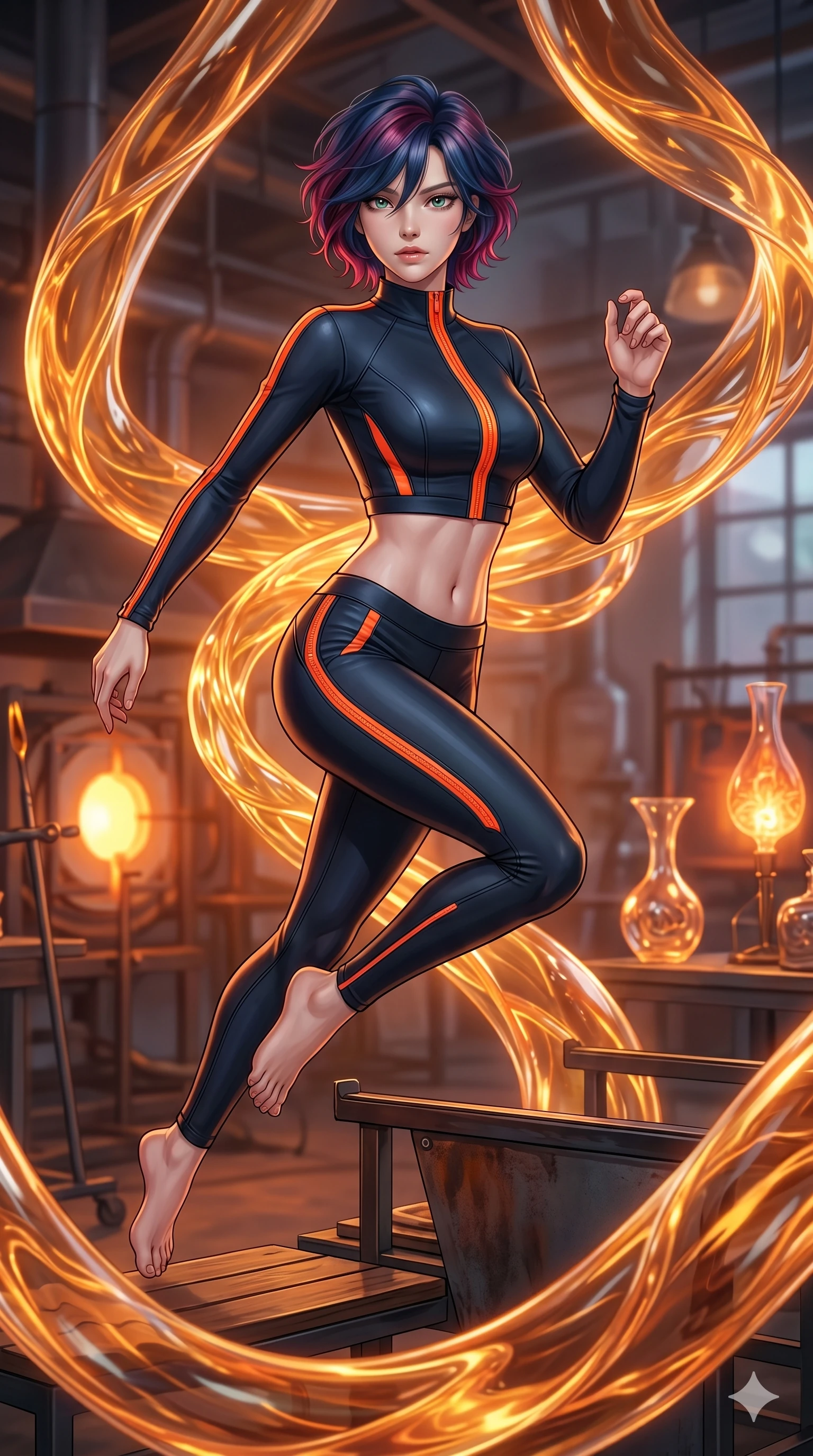 score_9, masterpiece, best quality, ultra-detailed, high-budget anime keyframe, Korean woman. upper body close-up from the thighs up, character filling the screen for maximum presence. bounding through a molten glass art studio where twisting, glowing amber glass tubes rotate like fluid rivers in a heated environment. She has an absolutely perfect 8-heads proportion, an exceptionally tall and slender female figure with impossibly long slender legs and an ultra-slim waist. V-shaped jawline, high-bridge nose, intricate jewel-like eyes with depth, thick eyelashes, glossy lips with a natural sheen.. wearing a second-skin neoprene cyber-athleisure set, featuring a tight crop top and leggings with fluorescent orange zipper accents and side slash panels. lit by a soft glowing ambient light and a sharp side key light that traces the sleek contours of her athletic build. 2k, ultra detail, master piece, 9:16 ratio