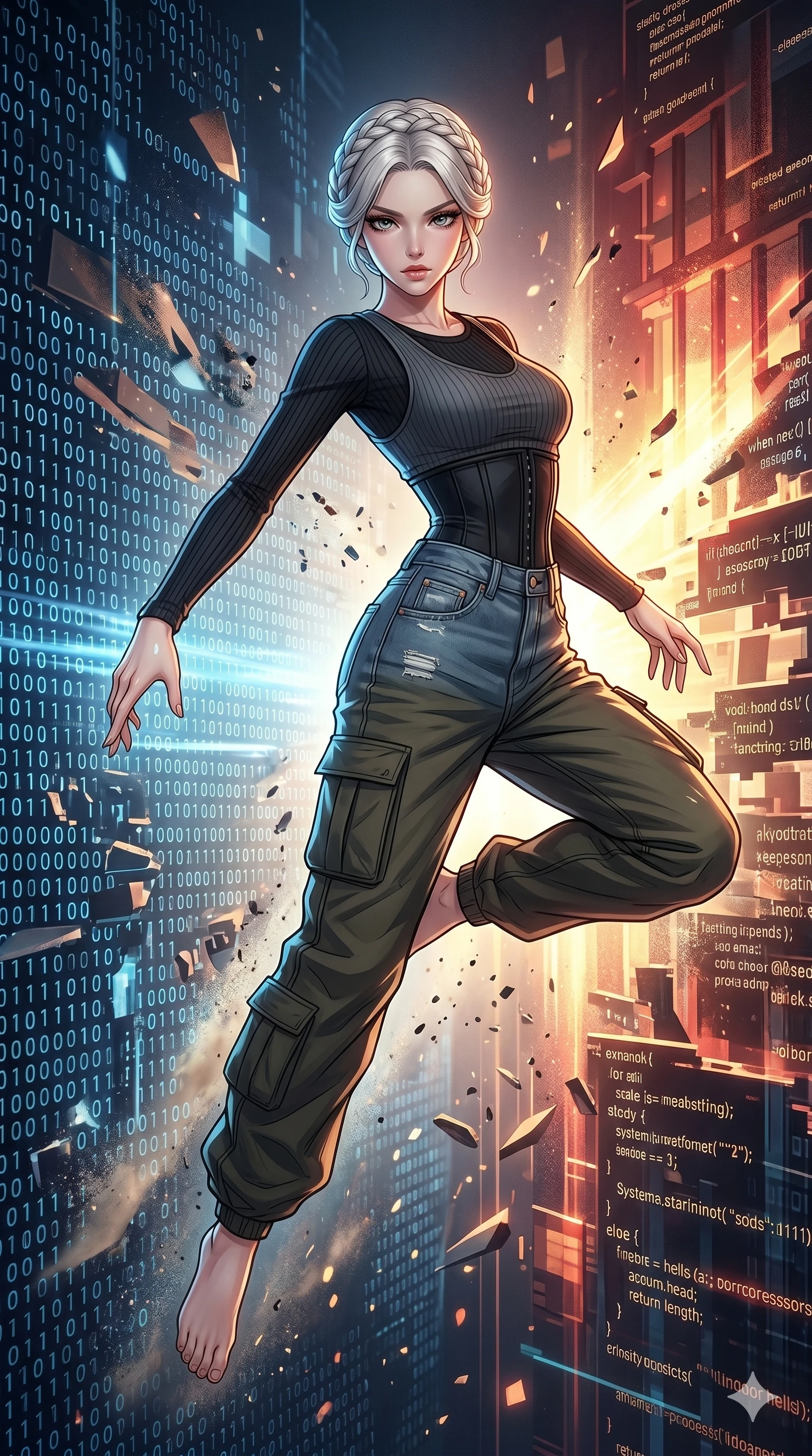 score_9, masterpiece, best quality, ultra-detailed, high-budget anime movie keyframe, cinematic anime lighting, intricate line art, Korean woman. Mid-air action shot capturing a graceful twist and vertical silhouette. escaping a digital prison by breaking through walls of binary. She has an absolutely perfect 8-heads proportion, an exceptionally tall and slender female figure with graceful and slender proportions. strictly human anatomy, two legs only, no extra limbs, clearly defined legs and arms, perfect anatomy, perfect hands and fingers. sharp v-shaped jawline, high-bridge nose, intricate jewel-like eyes, thick eyelashes, glossy lips. Wearing Urban Trendsetter: Ribbed bodycon dress, crop top with high-waist denim, and elegant corset with cargo pants. The scene is illuminated by dramatic atmospheric lighting and vibrant color palettes. , 2k, ultra detail, master piece, 9:16 ratio