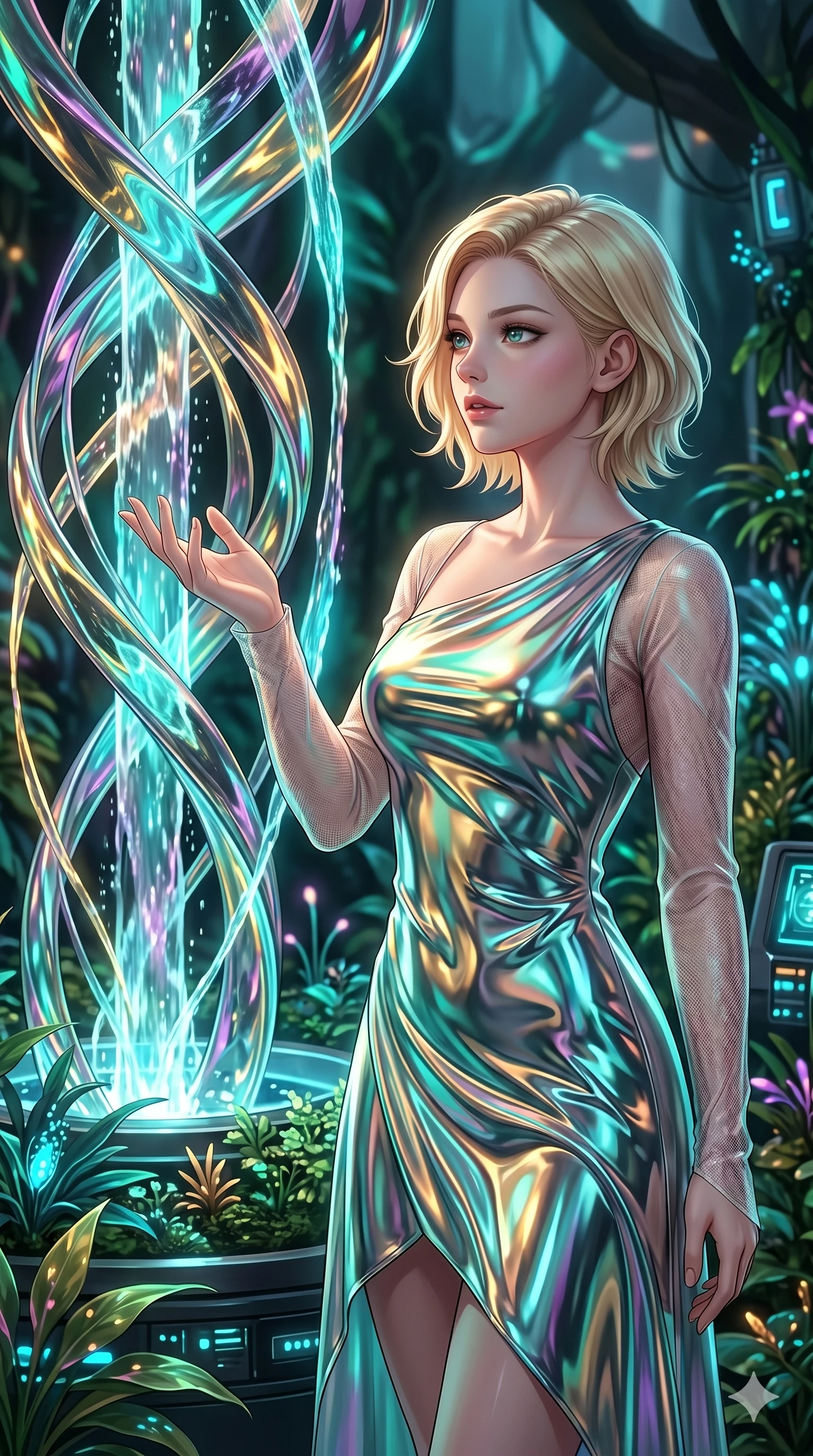 score_9, masterpiece, best quality, ultra-detailed, high-budget anime keyframe, editorial fashion photography, tasteful artistic composition, Caucasian woman, strictly human ears. Upper body close-up from the thighs up, character filling the screen for maximum presence. Inside a biotech garden, next to a kinetic water sculpture, observing the sculpture with a fascinated, gentle expression. She is wearing an asymmetrical dress in liquid-chrome finish and sheer mesh sleeves. The scene is bathed in the shifting colors of the sculpture lights. 2k, ultra detail, master piece, 9:16 ratio