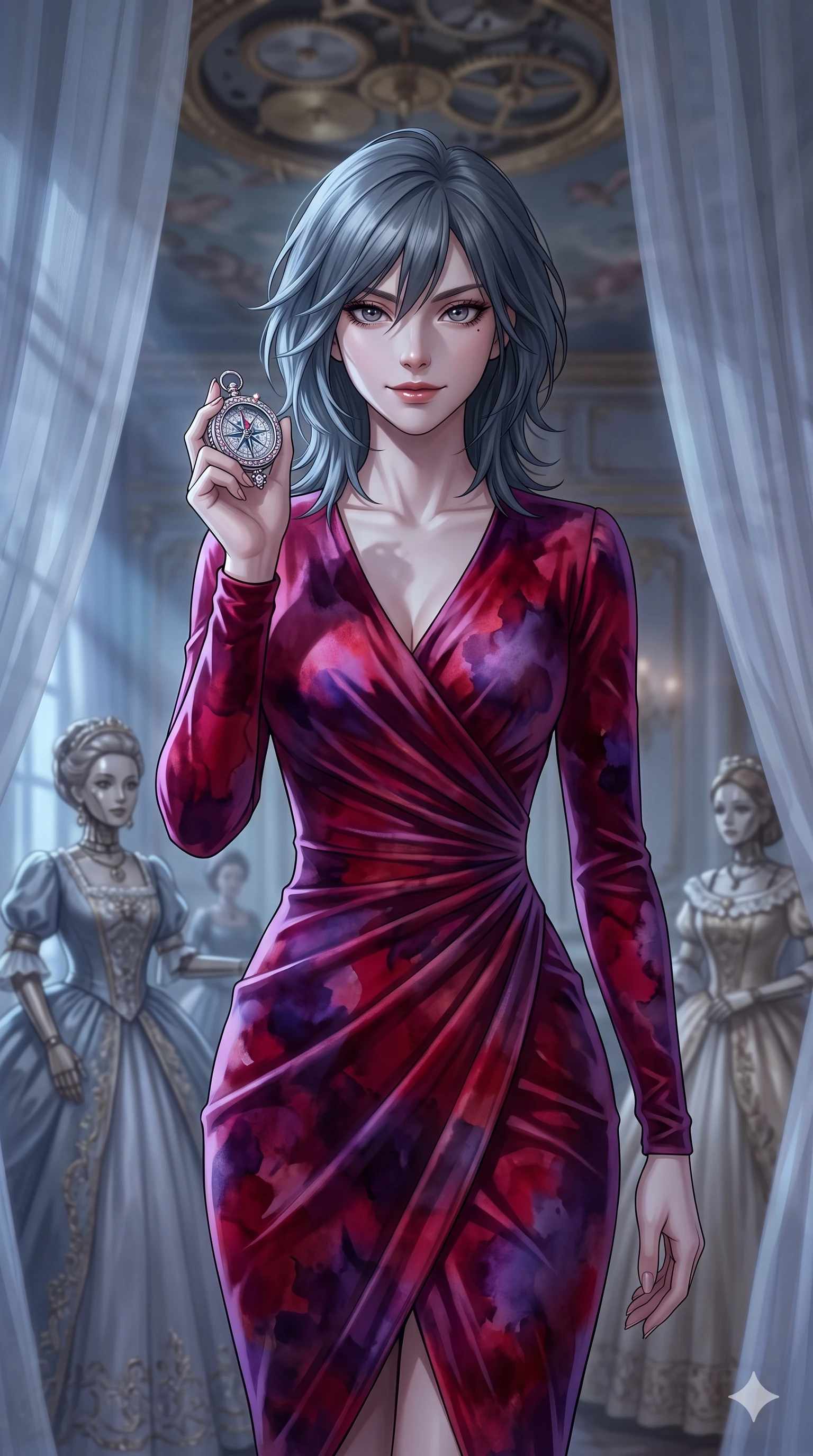 score_9, masterpiece, best quality, ultra-detailed, high-budget anime keyframe, editorial fashion photography, tasteful artistic composition, Caucasian woman, strictly human ears. close-up cowboy shot from the waist and thighs up, the character dominates the composition, filling the frame with her large presence, background elements kept in soft focus. Holding a delicate object up near her face while gazing at the viewer with a knowing smile. set against a soft-focus background of an ornate Victorian ballroom populated by elegant life-sized clockwork automatons in ball gowns with a massive gilded music box mechanism rotating slowly in the frescoed ceiling above. She has an exceptionally elegant and slender, willowy female figure with an ultra-slim waist, a gracefully sculpted slender torso, and a refined slim physique. sharp v-shaped jawline, high-bridge nose, intricate jewel-like eyes with depth, thick eyelashes, glossy lips with a natural sheen. wearing a wrap-front fitted midi dress in deep crimson and violet watercolor velvet, drawing focus to her slender waist through strategic draping. cold silver moonlight filtered through translucent gossamer curtains casting delicate shadows. 2k, ultra detail, master piece, 9:16 ratio