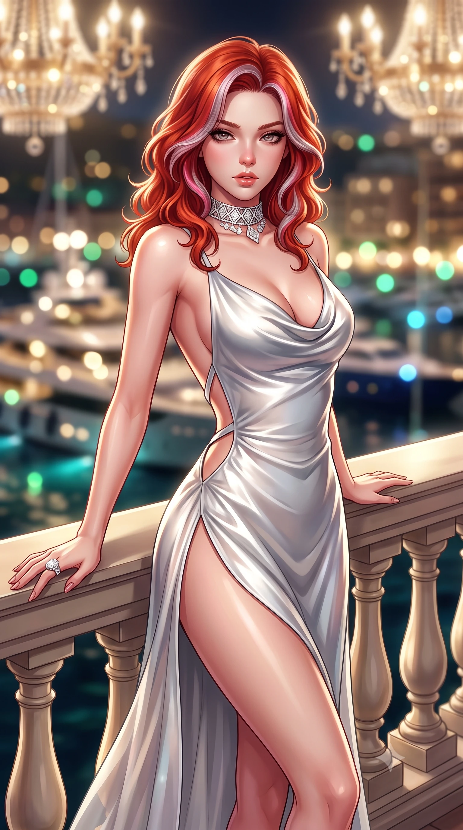 score_9, masterpiece, best quality, ultra-detailed, high-budget anime keyframe, semi-realistic 3D game render, editorial fashion photography, tasteful artistic composition, Caucasian woman. close-up cowboy shot from the waist and thighs up, the character dominates the composition, filling the frame with her large presence. leaning back with relaxed seductive grace, her sculpted collarbones and narrow waist highlighted as she casts smoldering bedroom-eyes directly into the camera while striding dynamically along the marina balcony as superyacht horns echo below, her glittering backless dress tightly hugging her feminine curves. The composition keeps background elements in soft focus with creamy bokeh. glittering Monaco harbor superyacht lights and casino chandeliers blurred into champagne-gold, emerald, and sapphire bokeh. She has an exceptionally elegant, slender, and willowy female figure with an ultra-slim waist, a gracefully sculpted slender torso, toned flat midriff, and rounded feminine hips creating an alluring hourglass silhouette. sharp v-shaped jawline, high-bridge nose, intricate jewel-like eyes with depth, thick eyelashes, glossy parted lips with a natural sheen, intensely captivating and seductive bedroom-eyes expression, flawlessly proportioned anatomical accuracy, strict slender model proportions, natural body alignment, perfectly sculpted long slender limbs, ultra-slim waistline, clean dynamic posture without body distortion. wearing a backless cowl-neck satin slip dress featuring high-cut side hip slits and delicate thin straps in shimmering silver mercury and pearl white, woven from layered gossamer chiffon with a weightless sweeping drape, complemented by a bold geometric diamond choker and glittering cocktail ring, the precision-cut side openings and low-back scoop framing her graceful spine and the sensual sweep of her hips. illuminated by crisp directional spotlights sharply defining her narrow waistline, sculpted spine, and curvy hips. highly saturated vibrant anime colors, detailed shading with soft gradients, rich glossy textures, high-contrast stereoscopic depth, volumetric dynamic lighting, master piece, 9:16 ratio