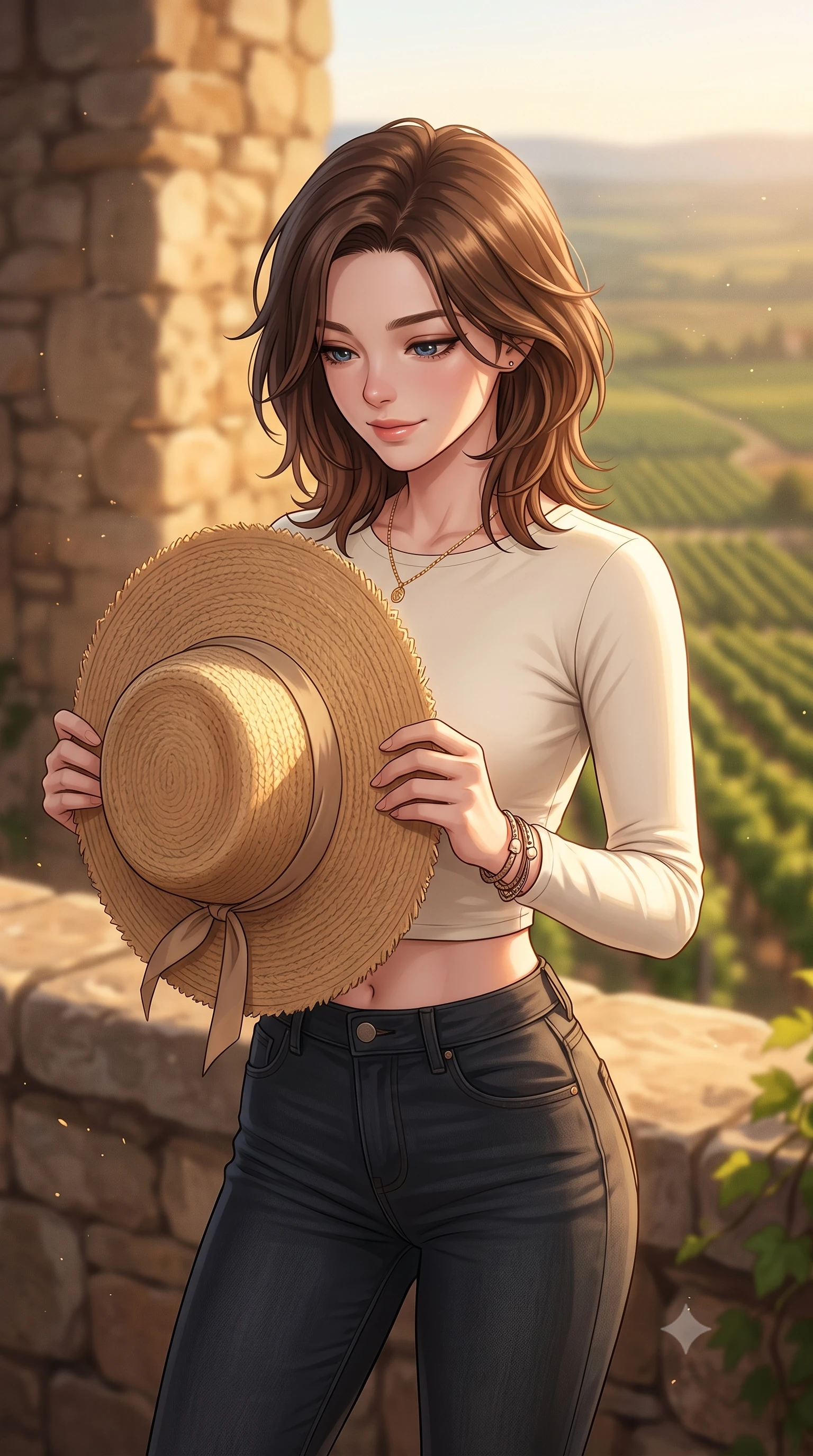 score_9, masterpiece, best quality, ultra-detailed, high-budget anime keyframe, editorial fashion photography, tasteful artistic composition, Korean woman woman. close-up cowboy shot from the waist and thighs up, the character dominates the composition, filling the frame with her large presence, background elements kept in soft focus. holding a wide-brimmed straw hat with both hands against the breeze, looking down with a soft smile the background shows a soft-focus a stone terrace of an old castle, looking down at a vast valley of green vineyards. She has an exceptionally elegant, slender, and willowy female figure with an ultra-slim waist, a gracefully sculpted slender torso, and a refined silhouette. sharp v-shaped jawline, high-bridge nose, intricate jewel-like eyes with depth, thick eyelashes, glossy lips with a natural sheen. wearing a body-hugging body-hugging long-sleeve crop top in cream cotton paired with high-waisted skinny jeans. late afternoon sun casting a majestic golden glow over the stone walls. 2k, ultra detail, master piece, 9:16 ratio