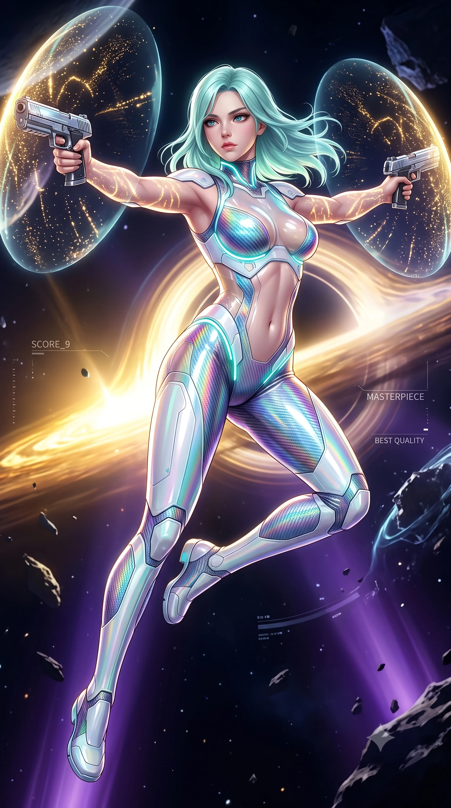 score_9, masterpiece, best quality, ultra-detailed, high-budget anime keyframe, semi-realistic 3D game render, editorial fashion photography, tasteful artistic composition, Japanese woman. low angle full-body shot from head to toe showing her feet, filling the entire 9:16 vertical frame with her statuesque presence, stretching her vertical silhouette. pivoting dynamically in mid-motion with a breathtakingly alluring posture, displaying her flawless model proportions, toned flat midriff, and ultra-slim waist while pivoting dynamically in zero-gravity with arms outstretched as the translucent energy shields pulse with golden particle light. The surrounding environment is rendered in vivid detail and crisp panoramic clarity. transcendent chiaroscuro contrast between blinding accretion light and deep cosmic shadows in precision. She has an absolutely perfect, statuesque 8.5-heads proportion, an exceptionally tall and slender model-like female figure with impossibly long slender legs, a toned flat midriff, and an ultra-slim waist. sharp v-shaped jawline, high-bridge nose, intricate jewel-like eyes with depth, thick eyelashes, glossy lips with a natural sheen, flawlessly proportioned anatomical accuracy, strict slender model proportions, natural body alignment, perfectly sculpted long slender limbs, ultra-slim waistline, clean dynamic posture without body distortion. wearing a high-gloss iridescent rainbow carbon-weave bodysuit with translucent cybernetic panels, brandishing dual sleek chrome particle beam pistols in a dynamic combat stance in glacial ice-cyan carbon mesh with pure white armor plates, formed from high-gloss patent carbon-plating with specular chiaroscuro reflections, accented with glowing fiber-optic conduits tracing her collarbones and hip curves, the sleek second-skin cut tightly hugging her graceful clavicle, narrow waist, and feminine curves with athletic precision. bathed in radiant golden singularity accretion glow and saturated violet gravitational field uplights. rich saturated anime colors with glowing neon highlights, detailed shading with soft gradients, rich glossy textures, high-contrast stereoscopic depth, volumetric dynamic lighting, master piece, 9:16 ratio