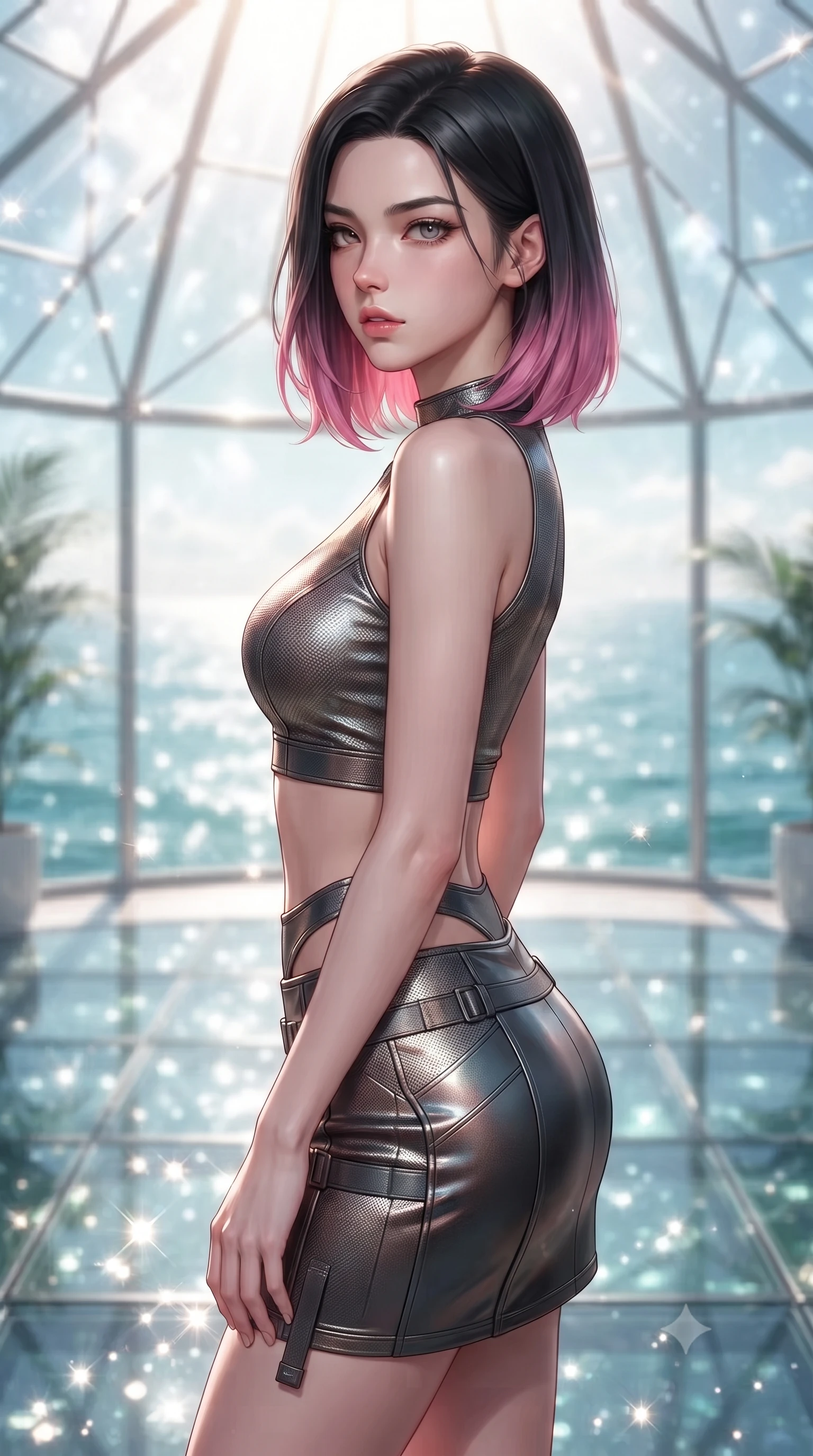 score_9, masterpiece, best quality, ultra-detailed, high-budget anime keyframe, editorial fashion photography, tasteful artistic composition, Korean woman. close-up cowboy shot from the waist and thighs up, the character dominates the composition, filling the frame with her large presence, background elements kept in soft focus. turning her face in profile to look over her shoulder, casting a smoldering side gaze with lips slightly parted, the background shows a soft-focus a glass dome botanical pavilion overlooking a sparkling emerald sea below. She has an exceptionally elegant, slender, and willowy female figure with an ultra-slim waist, a gracefully sculpted slender torso, and a refined silhouette. sharp v-shaped jawline, high-bridge nose, intricate jewel-like eyes with depth, thick eyelashes, glossy lips with a natural sheen. wearing a body-hugging modern carbon-alloy crop top paired with a low-rise tactical skirt and a subtle waist cut-out. bright morning sunbeams creating sparkling glints on the glass floor. ultra-reflective glossy finish, specular highlights, metallic sheen, high-contrast stereoscopic depth, volumetric dynamic lighting, 2k, ultra detail, master piece, 9:16 ratio
