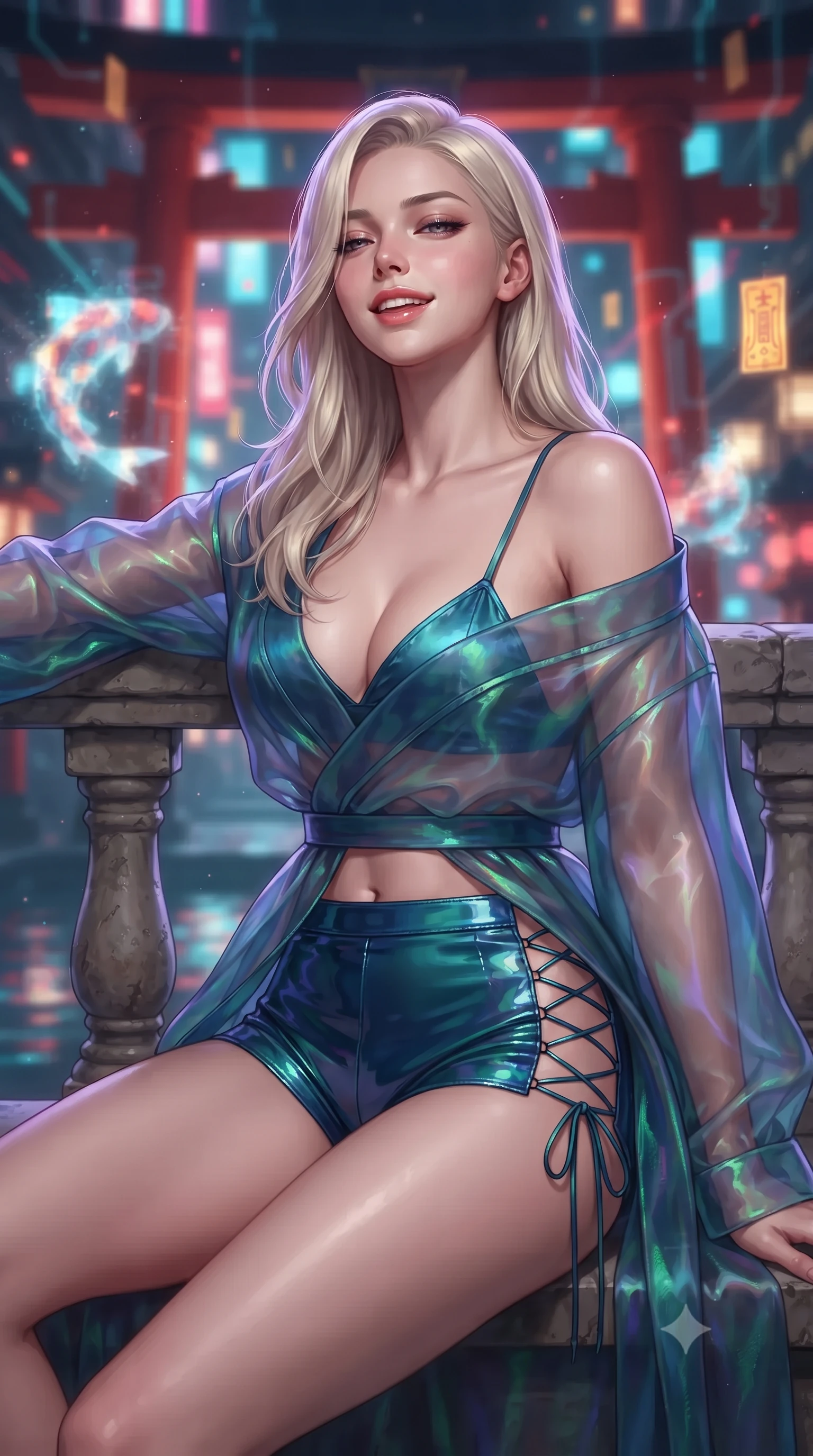 score_9, masterpiece, best quality, ultra-detailed, high-budget anime keyframe, editorial fashion photography, tasteful artistic composition, Caucasian woman. close-up cowboy shot from the waist and thighs up, the character dominates the composition, filling the frame with her large presence. leaning back against the balustrade with relaxed seductive grace, head tilted back slightly while casting a hypnotic, heavy-lidded gaze while sitting gracefully on the elevated stone shrine dais with legs crossed, flashing a radiant, playful smile with parted glossy lips. The background shows a soft-focus towering vermilion Torii gates with pulsing circuit traces, shimmering digital koi holograms, and floating cyber-talismans blurred into ruby, cyan, and gold bokeh. She has an exceptionally elegant, slender, and willowy female figure with an ultra-slim waist, flat toned midriff, narrow ribcage, and sculpted feminine hips creating an alluring, slim hourglass silhouette without bulk. sharp v-shaped jawline, high-bridge nose, intricate jewel-like sparkling eyes with depth, thick eyelashes, glossy parted lips with a natural peach sheen, bright cheerful beaming smile with an enchanting and coquettish sensual glint, exuding both youthful cute charm and seductive allure, flawlessly proportioned anatomical accuracy, strict slender model proportions, natural body alignment, perfectly sculpted long slender limbs, ultra-slim waistline, clean dynamic posture without body distortion. wearing a translucent iridescent organza kimono robe slipping off bare shoulders over a matching satin micro-bralette and shorts in abyssal ocean sapphire and bioluminescent emerald, tailored from high-gloss patent leather with mirror-like specular highlights, featuring fine criss-cross lace-up side ties revealing tantalizing glimpses of her hip curve, the impeccably tailored cut draping gracefully along her slender figure with aristocratic poise. illuminated by mirrored water reflection bounce and sharp neon-violet rim lights defining her dewy collarbones, ultra-slim waist, and curvy hips. ultra-reflective glossy finish, specular highlights, rich textural contrasts, high-contrast stereoscopic depth, volumetric dynamic lighting, 2k, ultra detail, master piece, 9:16 ratio