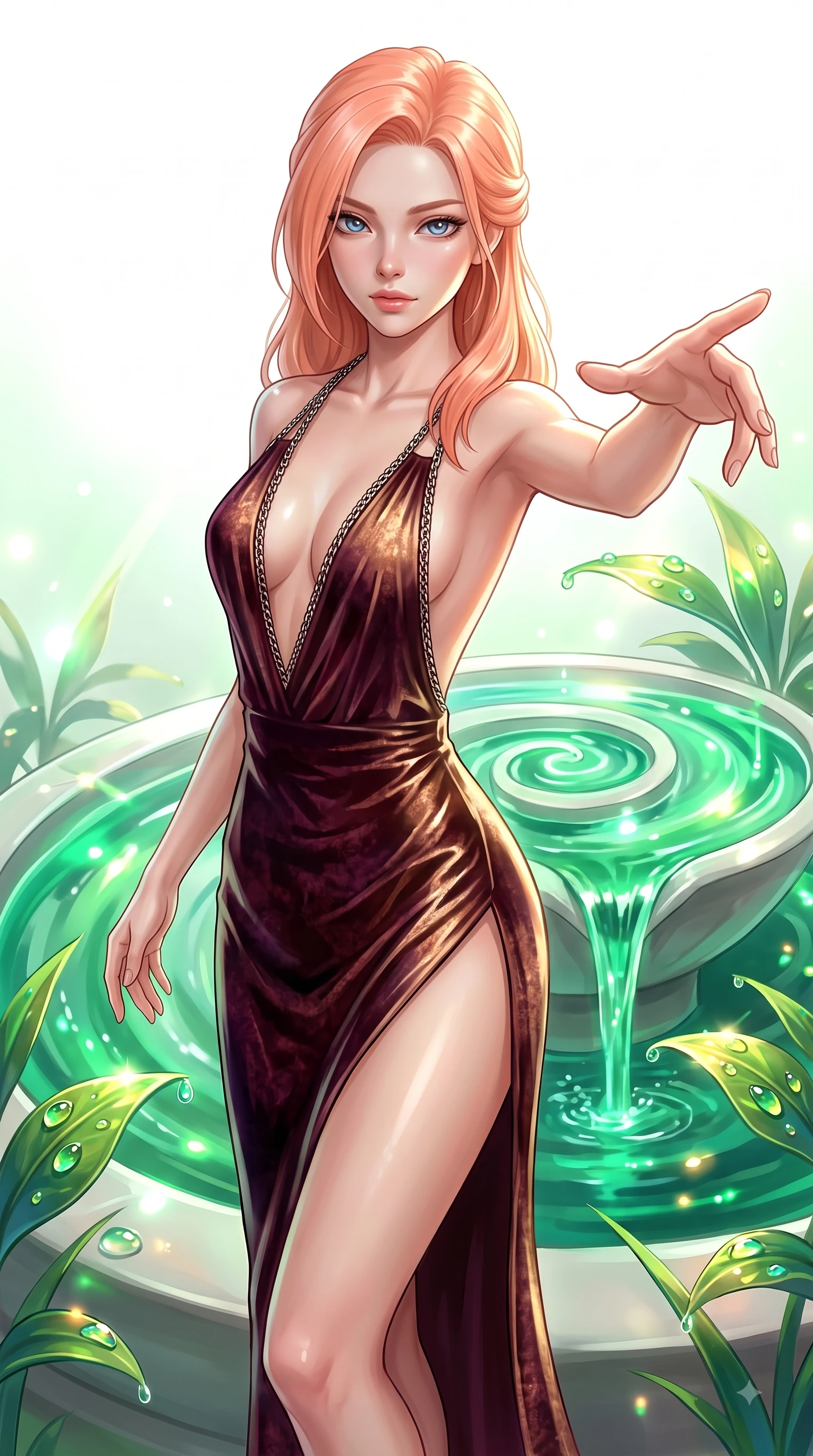score_9, masterpiece, best quality, ultra-detailed, high-budget anime keyframe, editorial fashion photography, tasteful artistic composition, Japanese woman. close-up cowboy shot from the waist and thighs up, the character dominates the composition, filling the frame with her large presence, background elements kept in soft focus. Reaching one arm gracefully toward the camera with magnetic poise, displaying her statuesque silhouette while pivoting dynamically beside a hydro-flow spiral fountain flowing with bioluminescent emerald sap, dewdrops on bioluminescent leaves reflecting vibrant emerald and gold highlights. She has an exceptionally elegant, slender, and willowy female figure with an ultra-slim waist, a gracefully sculpted slender torso, and a refined silhouette. sharp v-shaped jawline, high-bridge nose, intricate jewel-like eyes with depth, thick eyelashes, glossy lips with a natural sheen, flawlessly proportioned anatomical accuracy, natural body alignment, perfectly sculpted elegant limbs, clean dynamic posture without body distortion. wearing a backless crushed velvet gown with a deep V-neckline and high thigh slit in deep burgundy and bronze, crafted from smooth liquid silk, adorned with delicate metallic chain straps along the neckline, the sleek second-skin texture accentuating her magnetic presence. surrounded by a bright, airy ambiance with radiant white and green highlights. ultra-reflective glossy finish, specular highlights, metallic sheen, high-contrast stereoscopic depth, volumetric dynamic lighting, 2k, ultra detail, master piece, 9:16 ratio