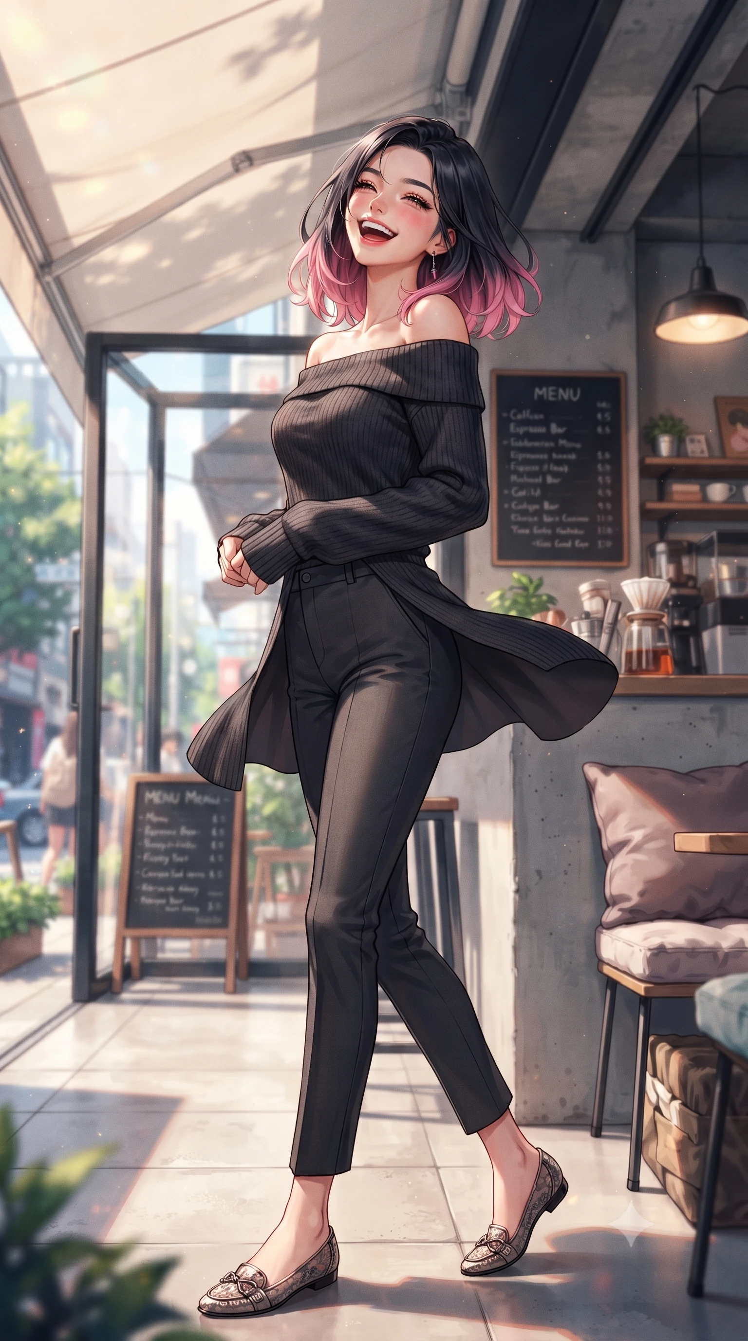 score_9, masterpiece, best quality, ultra-detailed, high-budget anime keyframe, editorial fashion photography, tasteful artistic composition, Korean woman. low angle full-body shot from head to toe showing her feet, filling the entire 9:16 vertical frame with her statuesque presence, stretching her vertical silhouette. twirling around with a playful, sensual laugh, her dress fluttering elegantly to accent her waistline set against a soft-focus background of inside a modern minimalist espresso bar with sleek glass windows and concrete counters with a handwritten menu board and cozy cushions on the chairs. She has an absolutely perfect, statuesque 8.5-heads proportion, an exceptionally tall and slender model-like female figure with impossibly long slender legs and an ultra-slim waist. sharp v-shaped jawline, high-bridge nose, intricate jewel-like eyes with depth, thick eyelashes, glossy lips with a natural sheen. wearing form-contouring body-hugging off-shoulder knit top in charcoal, paired with tailored slim pants. dappled sunlight filtering through the outdoor awning onto her face. highly saturated vibrant anime colors, detailed shading with soft gradients, rich glossy textures, high-contrast stereoscopic depth, volumetric dynamic lighting, master piece, 9:16 ratio