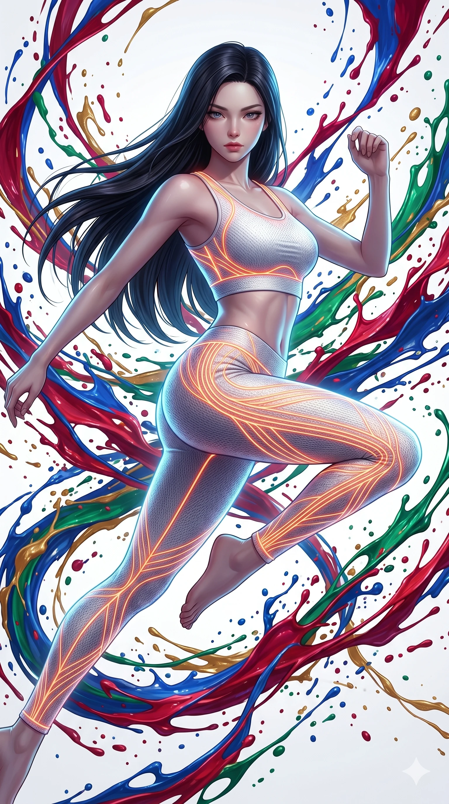 score_9, masterpiece, best quality, ultra-detailed, high-budget anime keyframe, Korean woman. upper body close-up from the thighs up, character filling the screen for maximum presence. leaping into a vorticist paint splatter dimension where thousands of vivid acrylic paint ribbons and splatters swirl around her in a white gallery void. She has an absolutely perfect 8-heads proportion, an exceptionally tall and slender female figure with impossibly long slender legs and an ultra-slim waist. V-shaped jawline, high-bridge nose, intricate jewel-like eyes with depth, thick eyelashes, glossy lips with a natural sheen.. wearing a neon filament athleisure set, featuring a tight white crop top and matching leggings woven with glowing orange neon filaments, highlighting her slender body contour. lit by a soft glowing ambient light and a sharp side key light that traces the sleek contours of her athletic build. 2k, ultra detail, master piece, 9:16 ratio