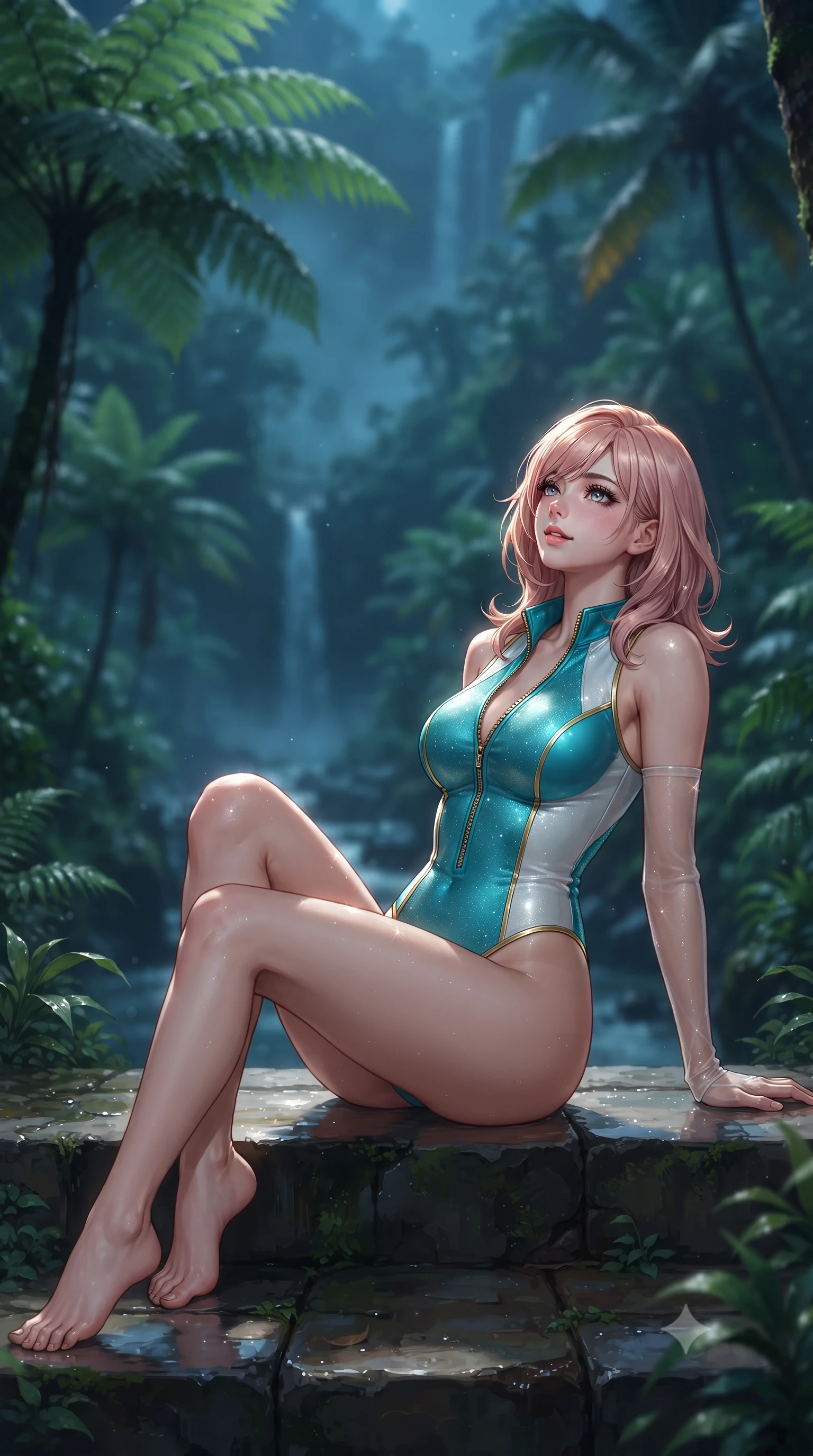 score_9, masterpiece, best quality, ultra-detailed, high-budget anime keyframe, editorial fashion photography, tasteful artistic composition, Japanese woman. low angle full-body shot from head to toe showing her feet, filling the entire 9:16 vertical frame with her statuesque presence, stretching her vertical silhouette. sitting poised on the stone steps with one knee bent, arching her spine with supermodel elegance as she glances upward through thick eyelashes while lounging in the shallow infinity shelf propped on one elbow, her statuesque 8.5-heads silhouette commanding the lush rainforest canyon. The background shows a soft-focus deep Ayung river gorge thousands of feet below, towering giant tree ferns and coconut palms in night mist, and distant waterfalls blurred into emerald, turquoise, and charcoal bokeh. She has an absolutely perfect, statuesque 8.5-heads proportion, an exceptionally tall and slender model-like female figure with impossibly long slender legs, an ultra-slim waist, a flat toned midriff, narrow delicate ribcage, and beautifully sculpted feminine hips creating a graceful, slim hourglass silhouette without any bulky heaviness. sharp v-shaped jawline, high-bridge nose, sparkling eyes with hypnotic seductive depth, thick curled eyelashes, glossy parted lips with a natural dewy peach sheen, alluring bedroom-eyes with an enchanting coquettish smile, exuding magnetic siren charisma and sophisticated glamour, flawlessly proportioned anatomical accuracy, strict slender model proportions, natural body alignment, perfectly sculpted long slender limbs, ultra-slim waistline, clean dynamic posture without body distortion. wearing a form-contouring wet-look neoprene zip-front maillot with high-cut leg openings and gold racing side trims in Capri turquoise and pure pearl white, woven from stretch metallic lurex jersey casting radiant starlight glints across her silhouette, complemented by sheer opera-length evening gloves tracing her slender arms, the form-contouring silhouette accentuating her sculpted flat midriff, narrow delicate ribcage, and gracefully curvy hips with intoxicating allure. illuminated by tropical river mist light scatter and sharp molten-gold rim lights defining her delicate clavicles, narrow waist, and curvy hips. ultra-reflective glossy finish, specular highlights, rich textural contrasts, high-contrast stereoscopic depth, volumetric dynamic lighting, 2k, ultra detail, master piece, 9:16 ratio