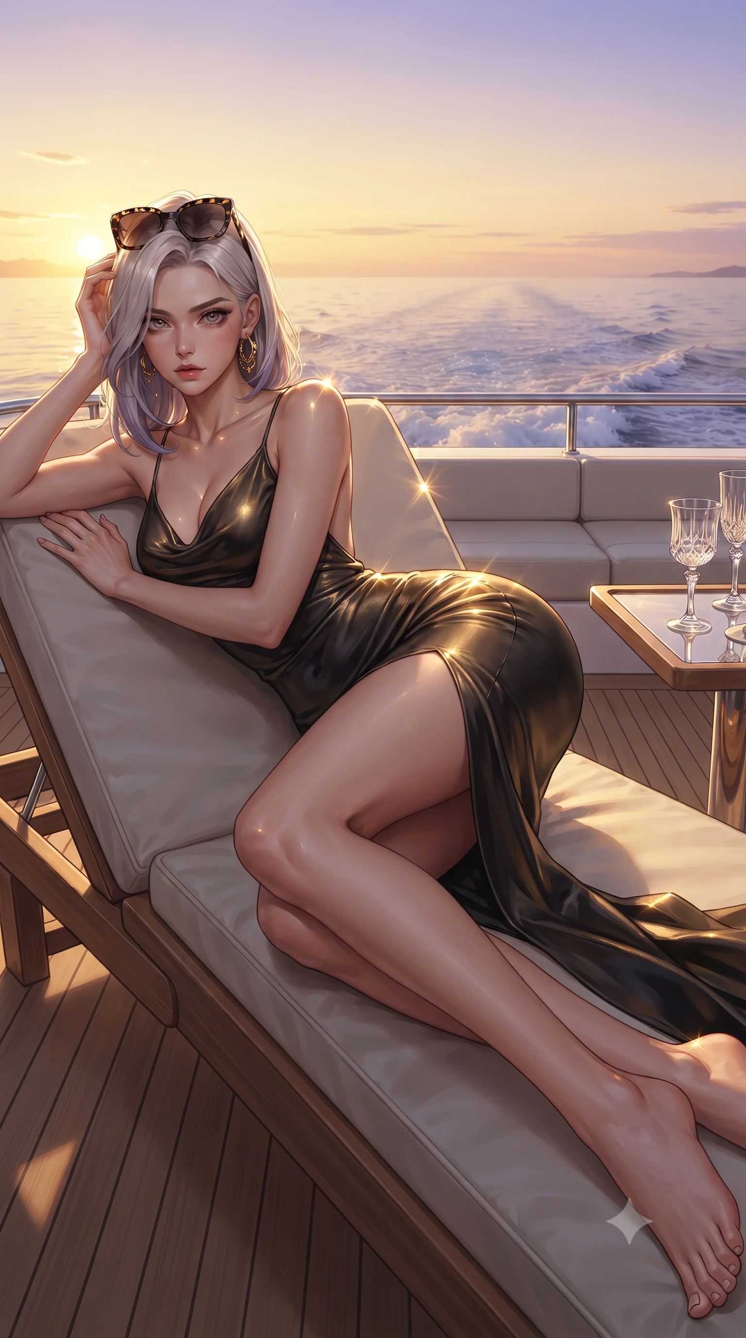 score_9, masterpiece, best quality, ultra-detailed, high-budget anime keyframe, editorial fashion photography, tasteful artistic composition, Caucasian woman. low angle full-body shot from head to toe showing her feet, filling the entire 9:16 vertical frame with her statuesque presence, stretching her vertical silhouette. reclining on her side in an elegant Cleopatra pose with one knee drawn up, the dramatic contour of her rounded hips and long slender legs commanding the 9:16 vertical frame while reclining on the sun lounger with one knee raised, the warm golden sunset bathing the sweeping curve of her waist and hips in liquid light. The surrounding environment is rendered in vivid detail and crisp panoramic clarity. detailed sunset horizon gradients, wake ripples behind the yacht, and crystal glassware in high resolution. She has an absolutely perfect, statuesque 8.5-heads proportion, an exceptionally tall and slender model-like female figure with impossibly long slender legs, a toned flat midriff, an ultra-slim waist, and beautifully sculpted feminine hips. sharp v-shaped jawline, high-bridge nose, intricate jewel-like eyes with depth, thick eyelashes, glossy parted lips with a natural sheen, intensely captivating and seductive bedroom-eyes expression, flawlessly proportioned anatomical accuracy, strict slender model proportions, natural body alignment, perfectly sculpted long slender limbs, ultra-slim waistline, clean dynamic posture without body distortion. wearing a liquid gold lamé slip dress with an ultra-deep cowl back and body-contouring hip silhouette in pitch-black silk with high-contrast gold hardware, crafted from weightless prism organza that refracts light with every motion, accessorized with oversized designer tortoiseshell sunglasses and gold hoop earrings, the liquid-tight tailored fabric clinging flawlessly to her narrow waist and rounded feminine hips, emphasizing every millimeter of her sculpted hourglass curves during movement. illuminated by glowing specular sun glints defining her sculpted collarbones, ultra-slim waist, and curvy hips. ultra-reflective glossy finish, specular highlights, rich textural contrasts, high-contrast stereoscopic depth, volumetric dynamic lighting, 2k, ultra detail, master piece, 9:16 ratio