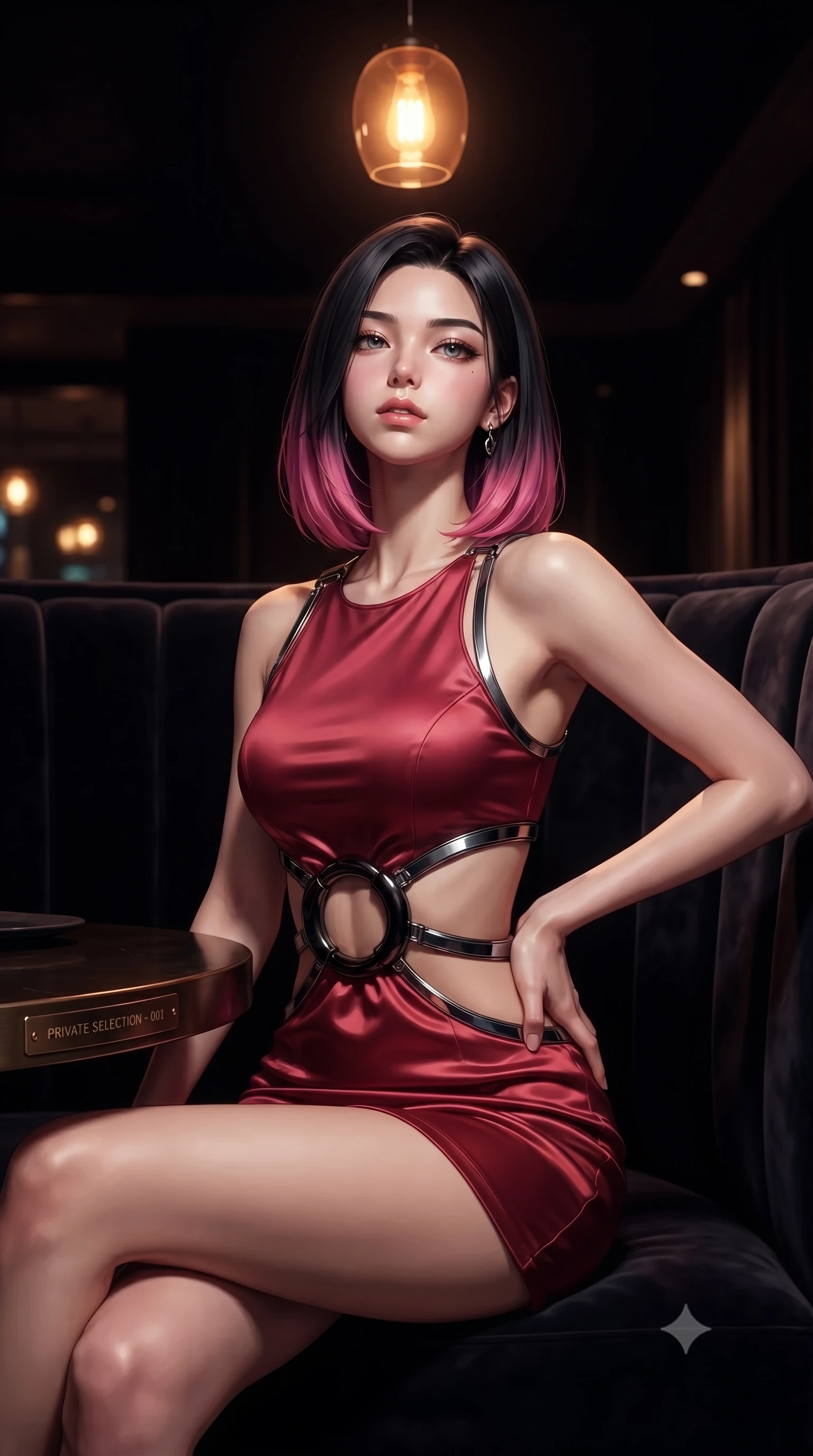 score_9, masterpiece, best quality, ultra-detailed, high-budget anime keyframe, editorial fashion photography, tasteful artistic composition, Korean woman. close-up cowboy shot from the waist and thighs up, the character dominates the composition, filling the frame with her large presence, background elements kept in soft focus. Holding a confident power pose with one hand on her hip, looking up with a magnetic, composed expression from a dark private booth, composed air of effortless superiority in her direct, calm gaze. She has an exceptionally elegant, slender, and willowy female figure with an ultra-slim waist, a gracefully sculpted slender torso, and a refined silhouette. sharp v-shaped jawline, high-bridge nose, intricate jewel-like eyes with depth, thick eyelashes, glossy lips with a natural sheen. wearing dramatic architectural open-waist cutout mini dress in dark velvet framed by chrome hardware in metallic dark silver, made of soft crimson satin, accented with sculpted obsidian chrome rings at the waist, accentuating her gracefully sculpted slender torso. illuminated by a single warm amber pendant light directly above into pitch darkness. highly saturated vibrant anime colors, detailed shading with soft gradients, rich glossy textures, high-contrast stereoscopic depth, volumetric dynamic lighting, master piece, 9:16 ratio