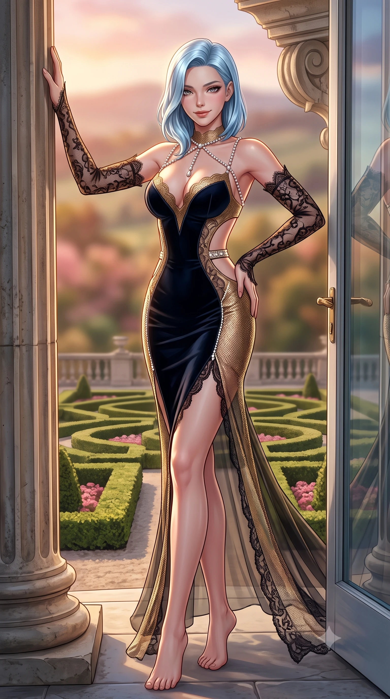 score_9, masterpiece, best quality, ultra-detailed, high-budget anime keyframe, semi-realistic 3D game render, editorial fashion photography, tasteful artistic composition, Korean woman. low angle full-body shot from head to toe showing her feet, filling the entire 9:16 vertical frame with her statuesque presence, stretching her vertical silhouette. standing tall beside the architectural column, one hand resting high while arching her lower back to emphasize her sculpted feminine hips and slender waist while twisting her slender torso in an alluring contrapposto stance, sunset breezes fluttering her sheer skirt around her long slender legs and curvy hips. The background shows a soft-focus formal geometric English rose parterres below, clipped boxwood hedges, and distant rolling hills blurred into blush, sage, and golden amber bokeh. She has an absolutely perfect, statuesque 8.5-heads proportion, an exceptionally tall and slender model-like female figure with impossibly long slender legs, an ultra-slim waist, a flat toned midriff, narrow delicate ribcage, and beautifully sculpted feminine hips creating a graceful, slim hourglass silhouette without any bulky heaviness. sharp v-shaped jawline, high-bridge nose, sparkling eyes with hypnotic seductive depth, thick curled eyelashes, glossy parted lips with a natural dewy peach sheen, alluring bedroom-eyes with an enchanting coquettish smile, exuding magnetic siren charisma and sophisticated glamour, flawlessly proportioned anatomical accuracy, strict slender model proportions, natural body alignment, perfectly sculpted long slender limbs, ultra-slim waistline, clean dynamic posture without body distortion. wearing a deep sweetheart-neckline velvet bodycon dress with sheer side-torso cutouts accentuating her hourglass curves in liquid gold chainmail and midnight obsidian black with diamond accents, made of delicate semi-sheer French Chantilly lace with intricate eyelash edges, finished with a pearl-drop body harness subtly framing her dewy collarbones and spine, the glove-like clinging cut tightly following the natural contour of her hips and long slender legs with youthful 8.5-heads elegance. illuminated by glass door reflections and sharp warm-gold rim lights sculpting her delicate clavicles, ultra-slim waist, and curvy hips. highly saturated vibrant anime colors, detailed shading with soft gradients, rich glossy textures, high-contrast stereoscopic depth, volumetric dynamic lighting, master piece, 9:16 ratio