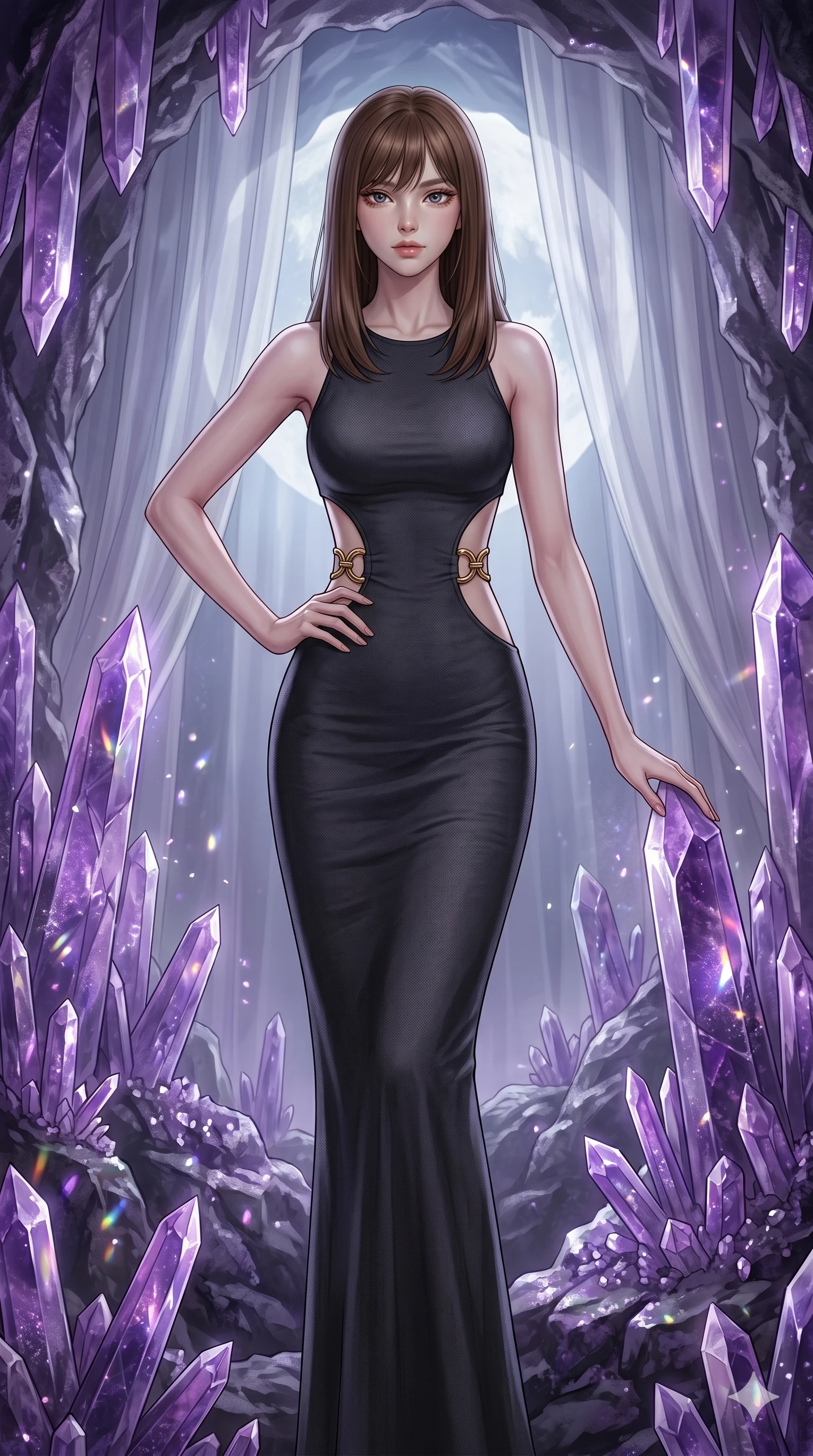 score_9, masterpiece, best quality, ultra-detailed, high-budget anime keyframe, editorial fashion photography, tasteful artistic composition, Korean woman. cowboy shot from the thighs up, character and outfit filling the frame for maximum editorial presence. Holding a confident power pose with one hand on her hip inside a crystalline geode cavern lined with towering amethyst spires casting violet prismatic light. She has an absolutely perfect 8-heads proportion, an exceptionally tall and slender female figure with impossibly long slender legs and an ultra-slim waist. V-shaped jawline, high-bridge nose, intricate jewel-like eyes with depth, thick eyelashes, glossy lips with a natural sheen. wearing a dark charcoal fitted floor-length gown with dramatic curved architectural cutouts at the sides of the torso framed by gold ring hardware, emphasizing the ultra-slim waist. bathed in cold silver moonlight filtered through translucent gossamer curtains casting soft shadows on her curves. 2k, ultra detail, master piece, 9:16 ratio
