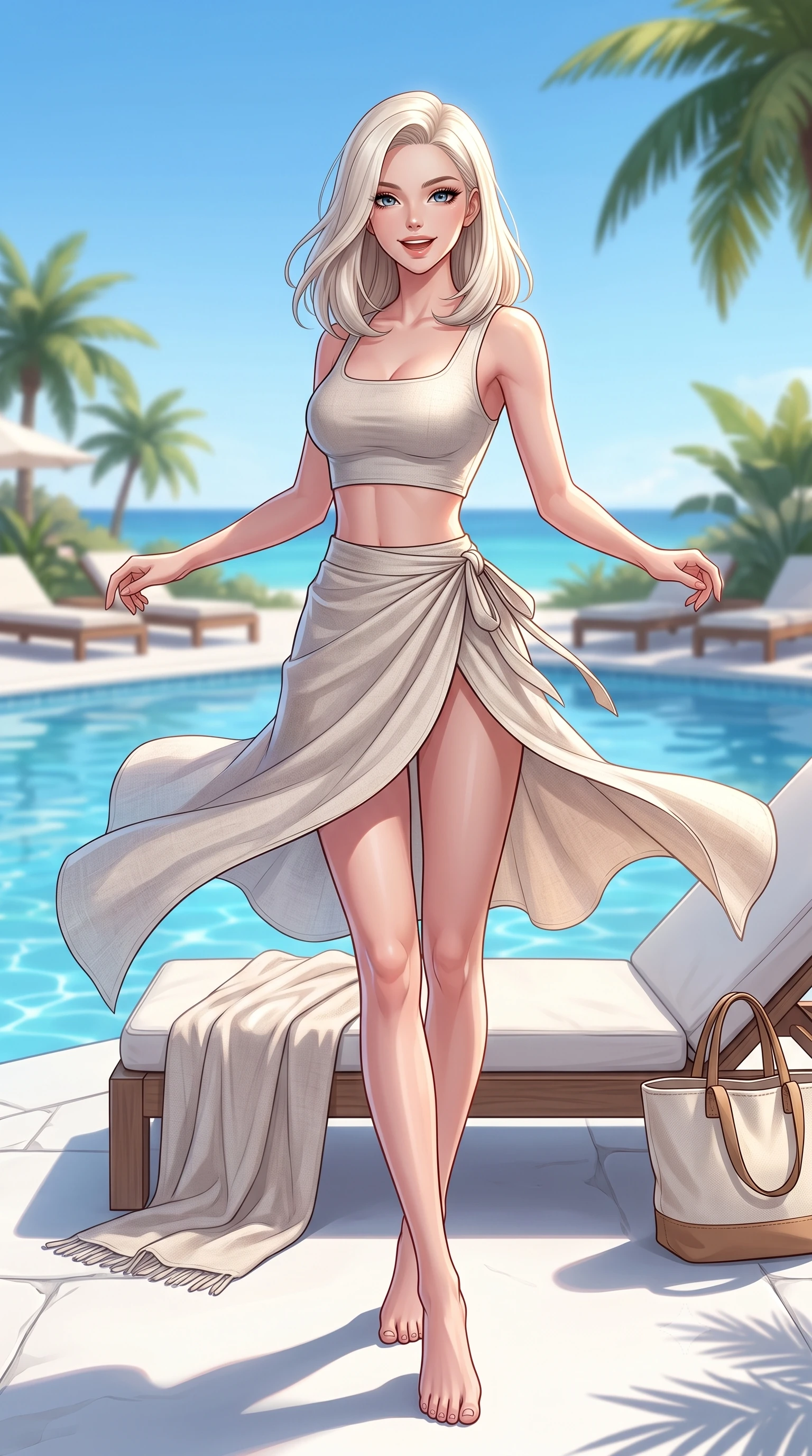 score_9, masterpiece, best quality, ultra-detailed, high-budget anime keyframe, editorial fashion photography, tasteful artistic composition, Caucasian woman. low angle full-body shot from head to toe showing her feet, filling the entire 9:16 vertical frame with her statuesque presence, stretching her vertical silhouette. twirling around with a playful, cute laugh, her skirt billowing beautifully in the air set against a soft-focus background of next to a sparkling resort swimming pool with comfortable sun loungers and palms with a soft linen beach towel and a cute canvas tote bag nearby. She has an absolutely perfect, statuesque 8.5-heads proportion, an exceptionally tall and slender model-like female figure with impossibly long slender legs and an ultra-slim waist. sharp v-shaped jawline, high-bridge nose, intricate jewel-like eyes with depth, thick eyelashes, glossy lips with a natural sheen. wearing form-contouring stylish crop top paired with a high-slit linen wrap skirt. bright midday sun casting crisp, clean shadows on the white stone deck. highly saturated vibrant anime colors, detailed shading with soft gradients, rich glossy textures, high-contrast stereoscopic depth, volumetric dynamic lighting, master piece, 9:16 ratio