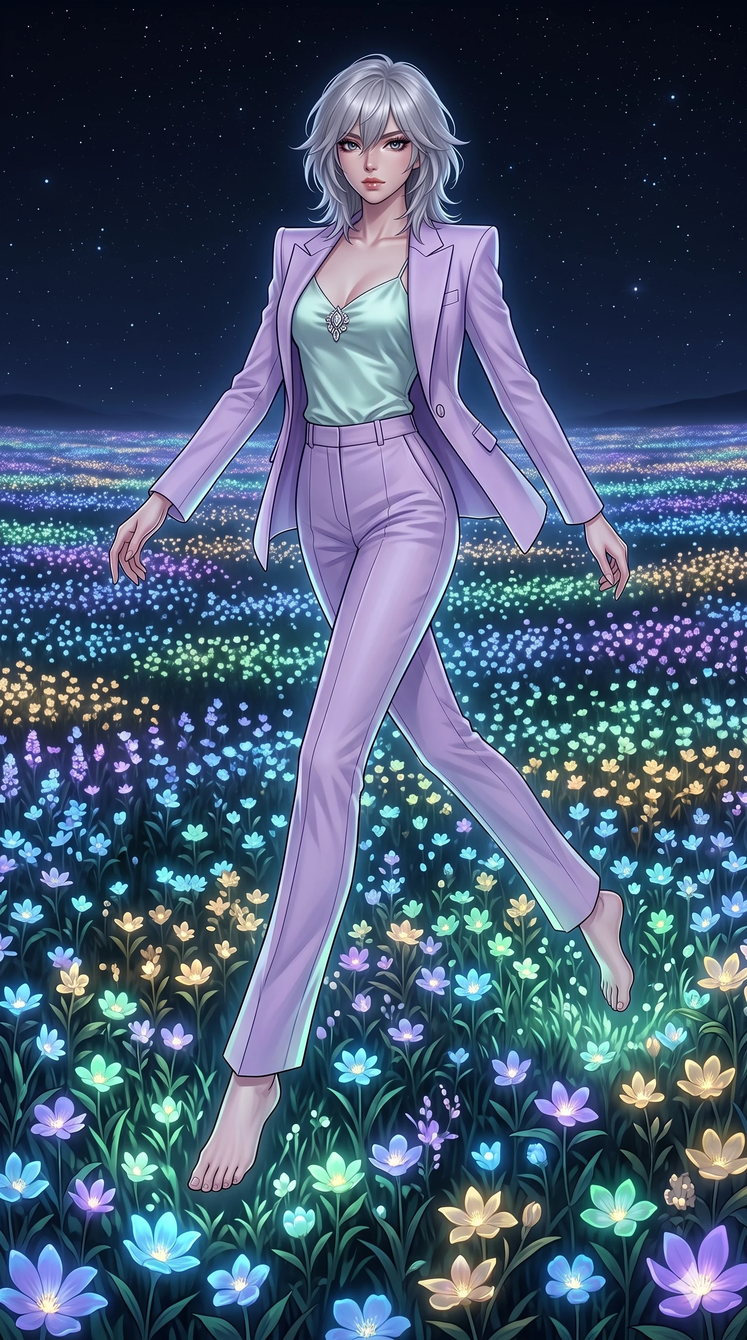 score_9, masterpiece, best quality, ultra-detailed, high-budget anime keyframe, editorial fashion photography, tasteful artistic composition, Japanese woman. low angle full-body shot from head to toe showing her feet, filling the entire 9:16 vertical frame with her statuesque presence, stretching her vertical silhouette. leaping gracefully through a midnight meadow stretching to the horizon where every flower emits its own soft bioluminescent glow in different colors creating a landscape of living light in blue violet green and gold. She has a statuesque 8.5-heads proportion, an exceptionally tall, slender and willowy model-like build with impossibly long legs and a highly sculpted ultra-slim waist. sharp v-shaped jawline, high-bridge nose, intricate jewel-like eyes with depth, thick eyelashes, glossy lips with a natural sheen. wearing a tailored pastel lavender pantsuit with sharp shoulders, worn over a soft mint satin camisole and accented with a silver brooch. the collective bioluminescent glow of millions of flowers creates a soft upward-casting multicolored luminescence against the dark starry sky above. 2k, ultra detail, master piece, 9:16 ratio