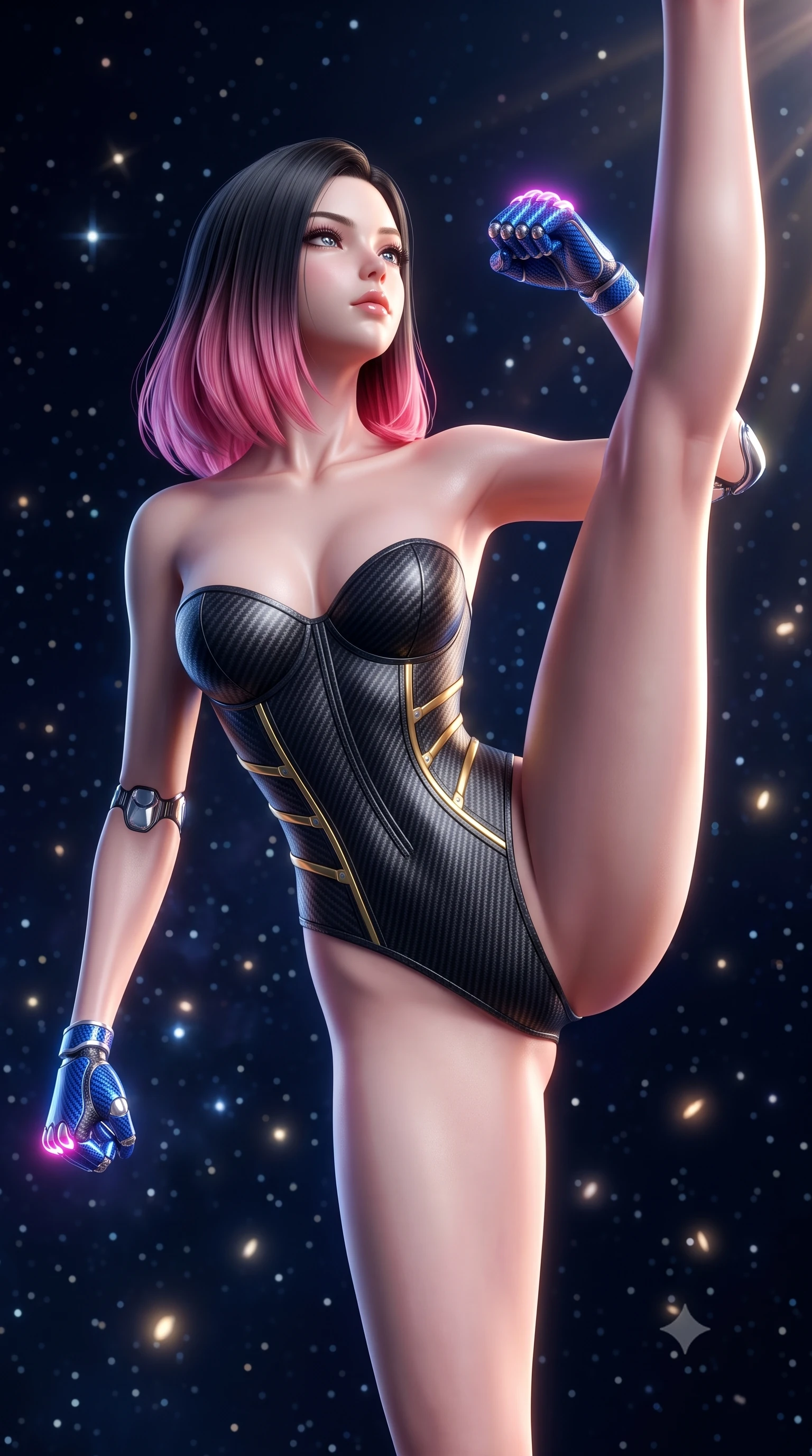 score_9, masterpiece, best quality, ultra-detailed, high-budget anime keyframe, semi-realistic 3D game render, editorial fashion photography, tasteful artistic composition, Korean woman. close-up cowboy shot from the waist and thighs up, the character dominates the composition, filling the frame with her large presence. tilting her head back with serene warrior composure, her sharp jawline and sculpted collarbones highlighted by glowing neon kinetic knuckles while pivoting dynamically in mid-air as she executes a zero-G 180-degree vertical split kick against the star-filled cosmic backdrop. The composition keeps background elements in soft focus with creamy bokeh. distant starlight and solar flare rays scattering soft glowing light motes across a deep space backdrop. She has an exceptionally elegant, slender, and willowy female figure with an ultra-slim waist, a gracefully sculpted slender torso, toned flat midriff, and a refined slim silhouette. sharp v-shaped jawline, high-bridge nose, intricate jewel-like eyes with depth, thick eyelashes, glossy lips with a natural sheen, flawlessly proportioned anatomical accuracy, strict slender model proportions, natural body alignment, perfectly sculpted long slender limbs, ultra-slim waistline, clean dynamic posture without body distortion. wearing a precision-tailored high-fashion carbon-fiber corset bodysuit with gold mechanical rib boning and kinetic shock-dampening palms in electric cobalt blue carbon with polished platinum trim, crafted from ultra-strong woven carbon-fiber composite with a satin luster, detailed with magnetic knuckle shock-absorbers and polished chrome articulation joints, the liquid-tight tailored fabric emphasizing every curve of her tall, slender model proportions and sculptured silhouette during dynamic movement. surrounded by an awe-inspiring, serene, and radiantly supreme celestial martial goddess aura. rich saturated anime colors with glowing neon highlights, detailed shading with soft gradients, rich glossy textures, high-contrast stereoscopic depth, volumetric dynamic lighting, master piece, 9:16 ratio