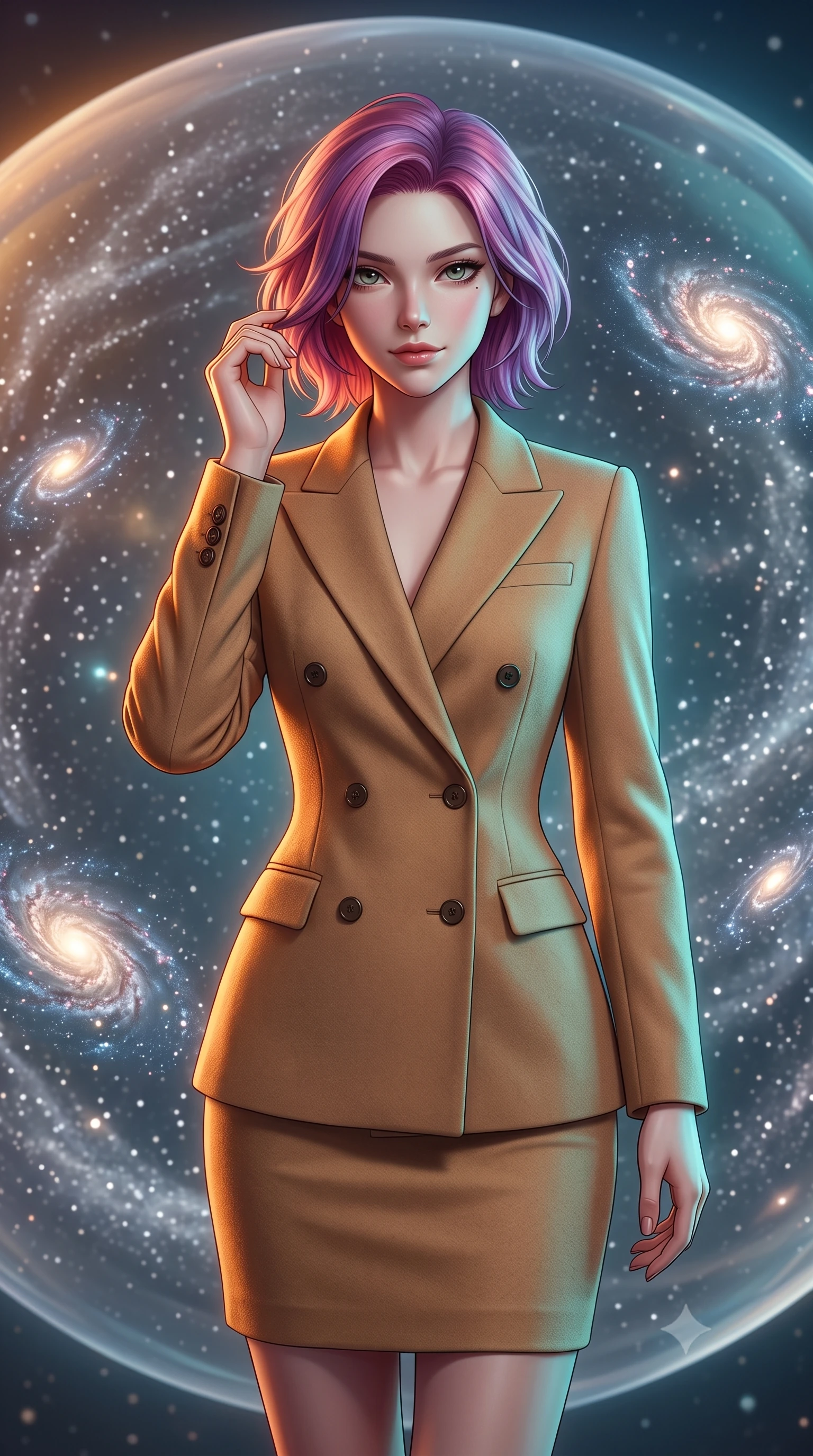 score_9, masterpiece, best quality, ultra-detailed, high-budget anime keyframe, editorial fashion photography, tasteful artistic composition, Caucasian woman, strictly human ears. close-up cowboy shot from the waist and thighs up, the character dominates the composition, filling the frame with her large presence, background elements kept in soft focus. Gently brushing hair from her face with an enigmatic half-smile. set against a soft-focus background of floating inside a giant transparent sphere where cosmic dust swirls like snow in slow-motion currents and miniature spiral galaxies spontaneously form and dissolve in the glittering cosmic medium. She has an exceptionally elegant and slender, willowy female figure with an ultra-slim waist, a gracefully sculpted slender torso, and a refined slim physique. sharp v-shaped jawline, high-bridge nose, intricate jewel-like eyes with depth, thick eyelashes, glossy lips with a natural sheen. wearing a tailored double-breasted blazer worn closed over a slim matching skirt in a warm camel wool, accentuating her waist. warm amber rim lighting combined with cool teal fill light creating dramatic contrast. 2k, ultra detail, master piece, 9:16 ratio