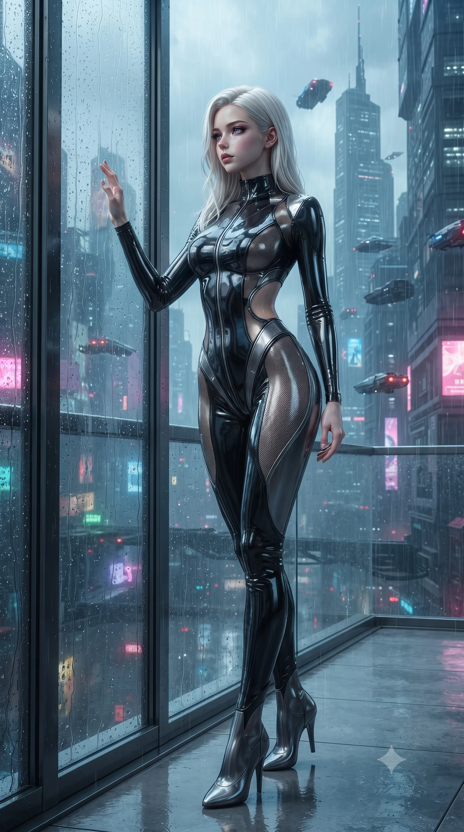 score_9, masterpiece, best quality, ultra-detailed, High-budget Anime Keyframe, editorial fashion photography, tasteful artistic composition, realistic cosplay photography, Caucasian woman, strictly human ears. Low angle cowboy shot filling the entire 9:16 frame with her statuesque presence. Scenario 309: looking out at the rain through a wet glass window near a minimalist glass balcony overlooking a rainy cyberpunk megacity. Her presence is magnetic and overpowering in this high-budget cinematic scene. Outfit 309: a form-contouring patent leather mesh with a strategic side cut-outs and tight-fitting silhouette. The clothing is designed to emphasize her exceptionally tall and slender 8-heads proportion. 8-heads proportion, towering silhouette, ultra-slim waist. sharp v-shaped jawline, intricate jewel-like eyes with depth, thick eyelashes, glossy lips. ultra-reflective glossy finish, specular highlights, metallic sheen, high-contrast stereoscopic depth, volumetric dynamic lighting, 2k, ultra detail, master piece, 9:16 ratio
