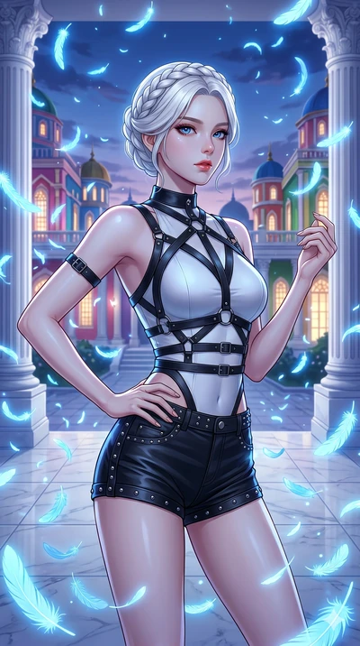 score_9, masterpiece, best quality, ultra-detailed, Set C: High-budget Anime Keyframe, Korean woman. Upper body close-up from the thighs up, character filling the screen for maximum presence. Standing in a blizzard of blue feathers in a white marble 