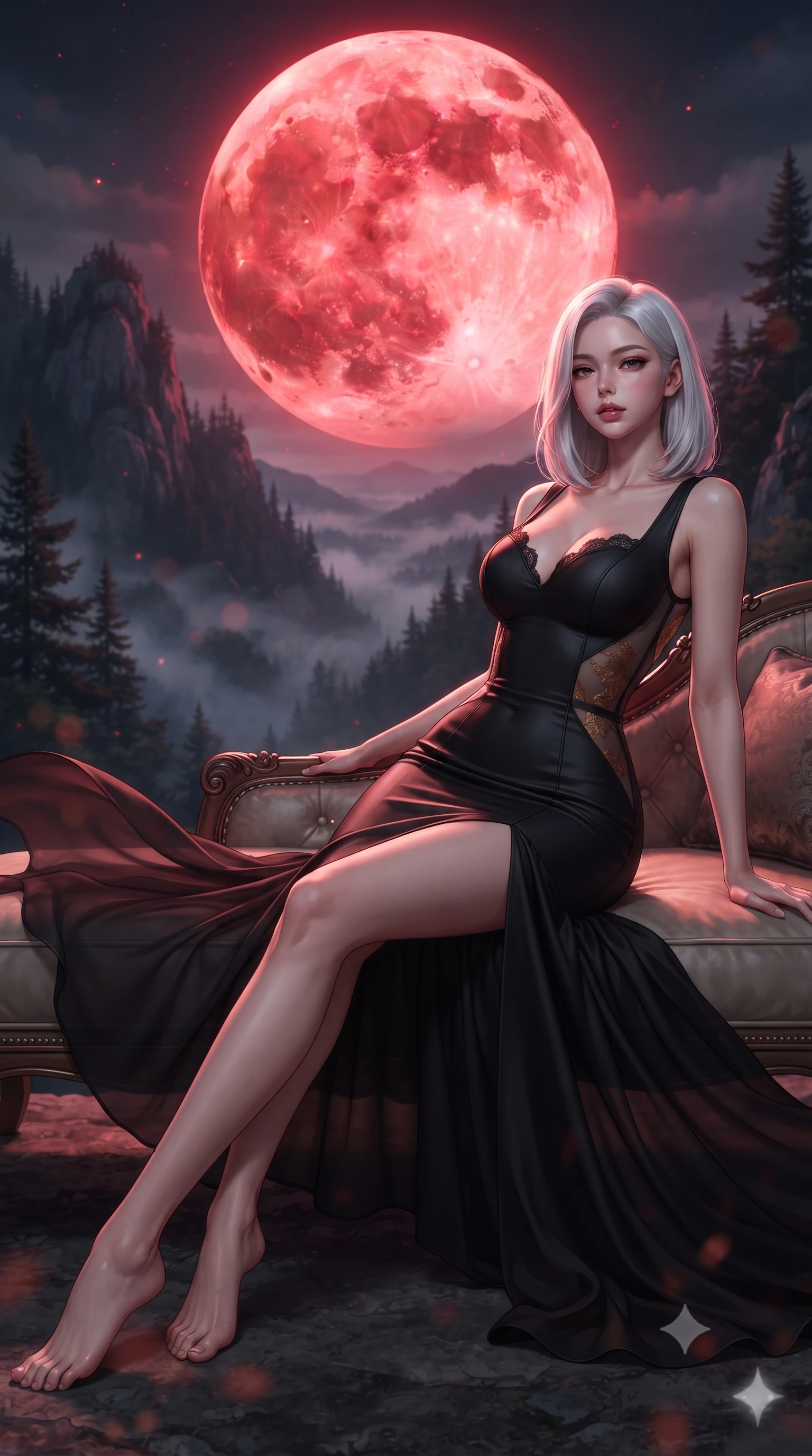 score_9, masterpiece, best quality, ultra-detailed, high-budget anime keyframe, editorial fashion photography, tasteful artistic composition, Korean woman. low angle full-body shot from head to toe showing her feet, filling the entire 9:16 vertical frame with her statuesque presence, stretching her vertical silhouette. reclining gracefully across the plush chaise lounge with one leg extended, her sculpted silhouette and flat midriff radiating magnetic nocturnal glamour while twisting her slender torso in an alluring contrapposto stance, night winds billowing her sheer silk train around her long slender legs and curvy hips. The background shows a soft-focus the colossal glowing crimson blood moon, jagged pine-covered mountain peaks, and swirling valley fog blurred into blood-orange, charcoal, and violet bokeh. She has an absolutely perfect, statuesque 8.5-heads proportion, an exceptionally tall and slender model-like female figure with impossibly long slender legs, an ultra-slim waist, a flat toned midriff, narrow delicate ribcage, and beautifully sculpted feminine hips creating a graceful, slim hourglass silhouette without any bulky heaviness. sharp v-shaped jawline, high-bridge nose, sparkling eyes with hypnotic seductive depth, thick curled eyelashes, glossy parted lips with a natural dewy peach sheen, alluring bedroom-eyes with an enchanting coquettish smile, exuding magnetic siren charisma and sophisticated glamour, flawlessly proportioned anatomical accuracy, strict slender model proportions, natural body alignment, perfectly sculpted long slender limbs, ultra-slim waistline, clean dynamic posture without body distortion. wearing a deep sweetheart-neckline matte-black bodycon dress with sheer side-torso cutouts accentuating her hourglass curves in warm amber honey and antique gold leaf with dark shadow gradients, tailored from fine structural neoprene with crisp architectural edges and smooth contouring, finished with scalloped eyelash lace trim framing her sweetheart neckline with intimate elegance, the precision-cut side openings and low-back scoop framing her graceful spine and the sensual sweep of her slim, toned hips. bathed in otherworldly crimson lunar illumination cascading directly from the giant blood moon. ultra-reflective glossy finish, specular highlights, rich textural contrasts, high-contrast stereoscopic depth, volumetric dynamic lighting, 2k, ultra detail, master piece, 9:16 ratio