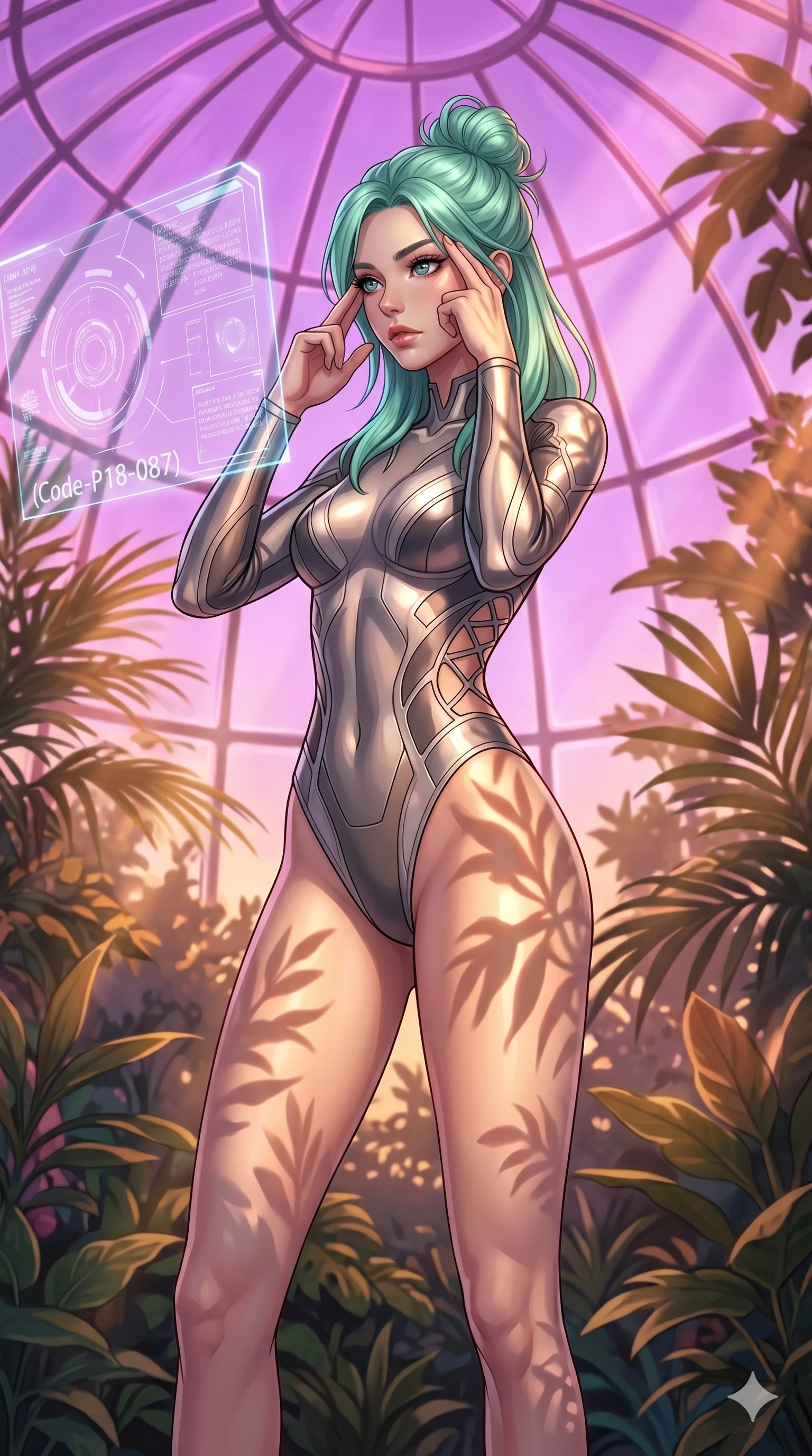 score_9, masterpiece, best quality, ultra-detailed, high-budget anime keyframe, editorial fashion photography, tasteful artistic composition, Japanese woman. cowboy shot from the thighs up, character and outfit filling the frame for maximum editorial presence. pressing two fingers to her temple, looking at the hologram with quiet, sharp focus in a futuristic greenhouse under a dome of glowing violet-pink glass (Code-P18-087). She has an absolutely perfect 8-heads proportion, an exceptionally tall and slender female figure with impossibly long slender legs and an ultra-slim waist. V-shaped jawline, high-bridge nose, intricate jewel-like eyes with depth, thick eyelashes, glossy lips with a natural sheen. wearing a metallic sleek form-fitting suit with sculpted lines and side cutout details. bathed in warm, golden afternoon sunbeams, casting soft organic leaf shadows on her skin. 2k, ultra detail, master piece, 9:16 ratio