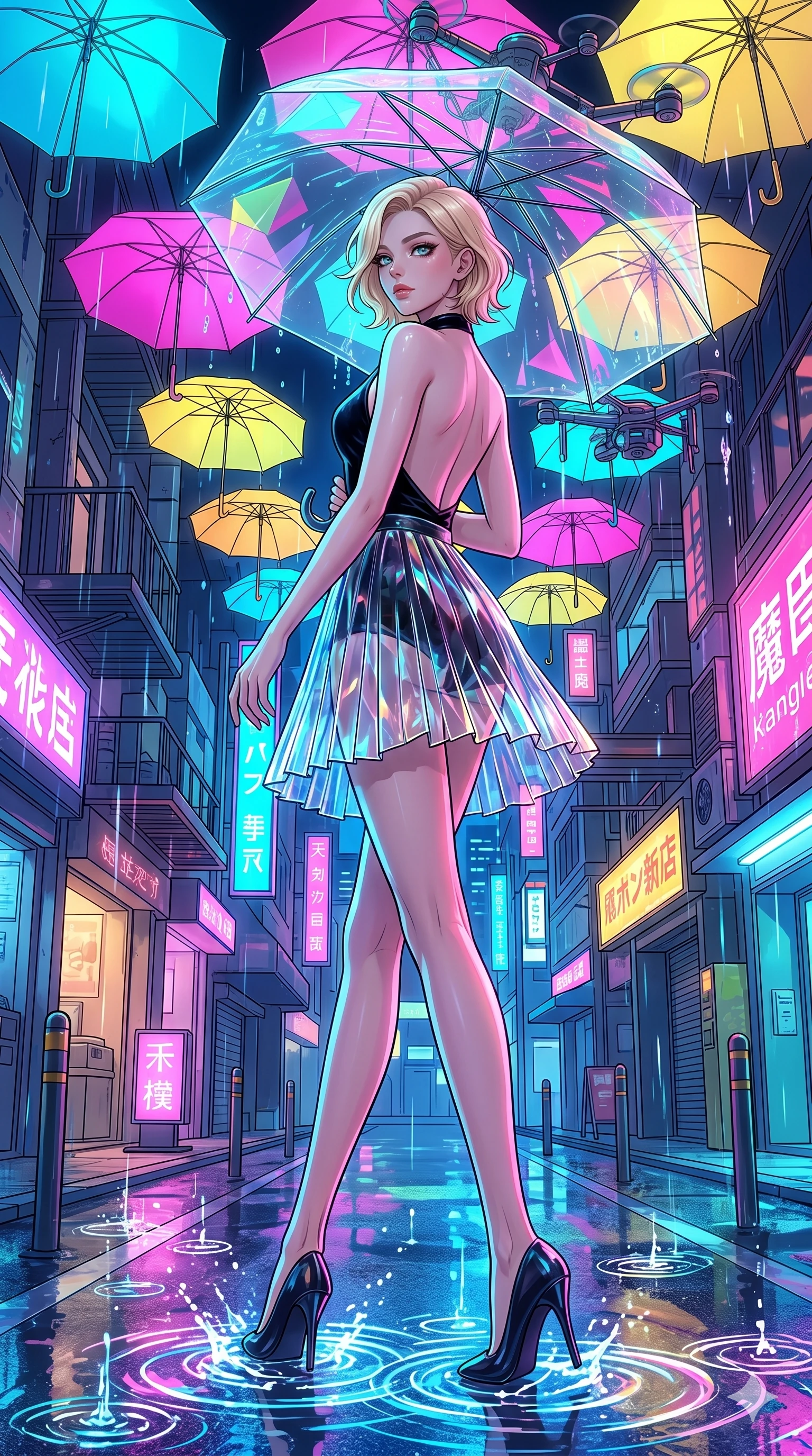 score_9, masterpiece, best quality, ultra-detailed, high-budget anime keyframe, Caucasian woman, strictly human ears. low angle full-body shot filling the entire 9:16 frame with her statuesque presence, stretching the vertical silhouette. navigating a wet neon-lit future street under colorful floating umbrellas as translucent neon raindrops fall, creating brilliant splash ripples. She has an absolutely perfect 8-heads proportion, an exceptionally tall and slender female figure with impossibly long slender legs and an ultra-slim waist. V-shaped jawline, high-bridge nose, intricate jewel-like eyes with depth, thick eyelashes, glossy lips with a natural sheen.. wearing a fractal glass pleated skirt and a backless black velvet halter neck top, creating a dramatic and elegant silhouette. accented by dynamic color-blocked lighting with high-contrast shadows emphasizing her statuesque height. 2k, ultra detail, master piece, 9:16 ratio