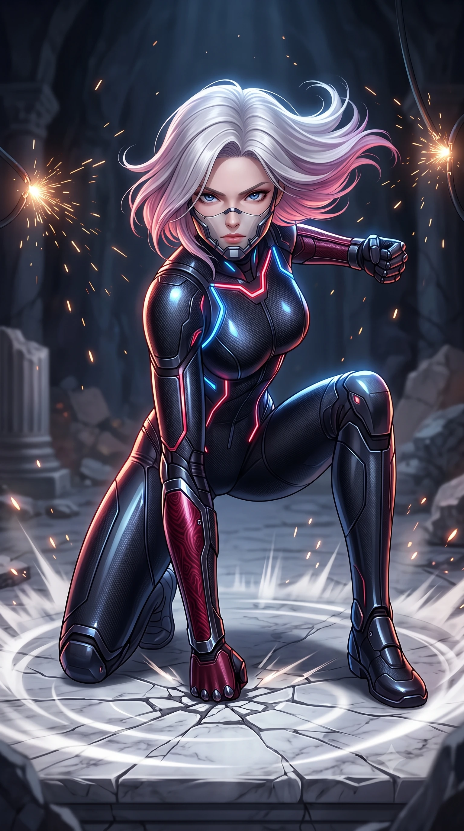score_9, masterpiece, best quality, ultra-detailed, high-budget anime keyframe, semi-realistic 3D game render, editorial fashion photography, tasteful artistic composition, Caucasian woman. low angle full-body shot from head to toe showing her feet, filling the entire 9:16 vertical frame with her statuesque presence, stretching her vertical silhouette. landing gracefully from a high-altitude leap on one knee and palm, her statuesque silhouette framed by radial shockwave ripples in the ground while landing in a low defensive crouch on the cracked marble altar with fists clenched in unwavering resolve. The composition keeps background elements in soft focus with creamy bokeh. sparks from severed high-voltage conduits scattering radiant light motes across a dark sacred battlefield. She has an absolutely perfect, statuesque 8.5-heads proportion, an exceptionally tall and slender model-like female figure with impossibly long slender legs, a toned flat midriff, and an ultra-slim waist. sharp v-shaped jawline, high-bridge nose, intricate jewel-like eyes with depth, thick eyelashes, glossy lips with a natural sheen, fierce and resolute heroine expression, flawlessly proportioned anatomical accuracy, strict slender model proportions, natural body alignment, perfectly sculpted long slender limbs, ultra-slim waistline, clean dynamic posture without body distortion. wearing a sleek titanium half-face combat rebreather guard protecting her lower jaw while leaving her expressive eyes and long hair flowing freely, paired with a skin-tight dark carbon-weave combat bodysuit with glowing neon energy conduits and reinforced Damascus-pattern forearm strike guards in deep battle-scarred crimson carbon weave with specular dark chrome accents, formed from high-gloss patent carbon-plating with specular dystopian chiaroscuro reflections, finished with high-mobility flexible armor articulation seams and miniature magnetic locks, the liquid-tight tailored fabric emphasizing every curve of her tall, slender model proportions and sculptured silhouette during dynamic movement. surrounded by an awe-inspiring, tragic, and radiantly unbreakable warrior goddess aura. rich saturated anime colors with glowing neon highlights, detailed shading with soft gradients, rich glossy textures, high-contrast stereoscopic depth, volumetric dynamic lighting, master piece, 9:16 ratio