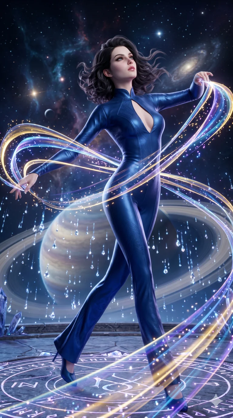 score_9, masterpiece, best quality, ultra-detailed, Semi-realistic 3D Game Render, high-fidelity character model, intricate textures, dynamic particle effects, Unreal Engine 5 aesthetic, crisp 3D depth, Caucasian woman with pale skin and refined features. Low angle cowboy shot filling the entire 9:16 frame with her statuesque presence, looking up to emphasize her height. Dancing amidst a storm of glowing ribbons that trail behind her every movement. She has an absolutely perfect 8-heads proportion, an exceptionally tall and slender female figure with impossibly long slender legs and an ultra-slim waist, her statuesque height and towering silhouette dominating the vertical 9:16 frame. Her face is a masterpiece featuring a sharp v-shaped jawline, high-bridge nose, intricate jewel-like eyes with depth, thick eyelashes, and glossy lips with a natural sheen. She is wearing a Sleek liquid-silk jumpsuit that clings to her frame, with a high collar and a small strategic teardrop cutout. The scene is set in a celestial terrace overlooking a planet where it rains liquid diamonds. 2k, ultra detail, master piece, 9:16 ratio