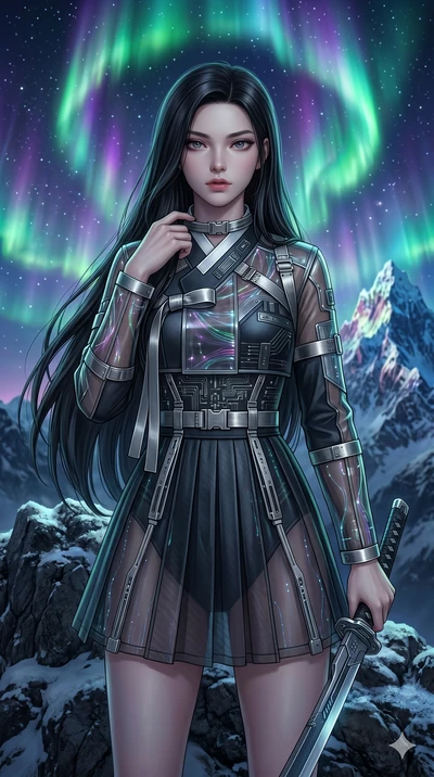 score_9, masterpiece, best quality, ultra-detailed, Set A: Photorealistic 8k CG, Japanese woman. Upper body close-up from the thighs up, character filling the screen for maximum presence. Standing on a mountain top as the aurora borealis dances above
