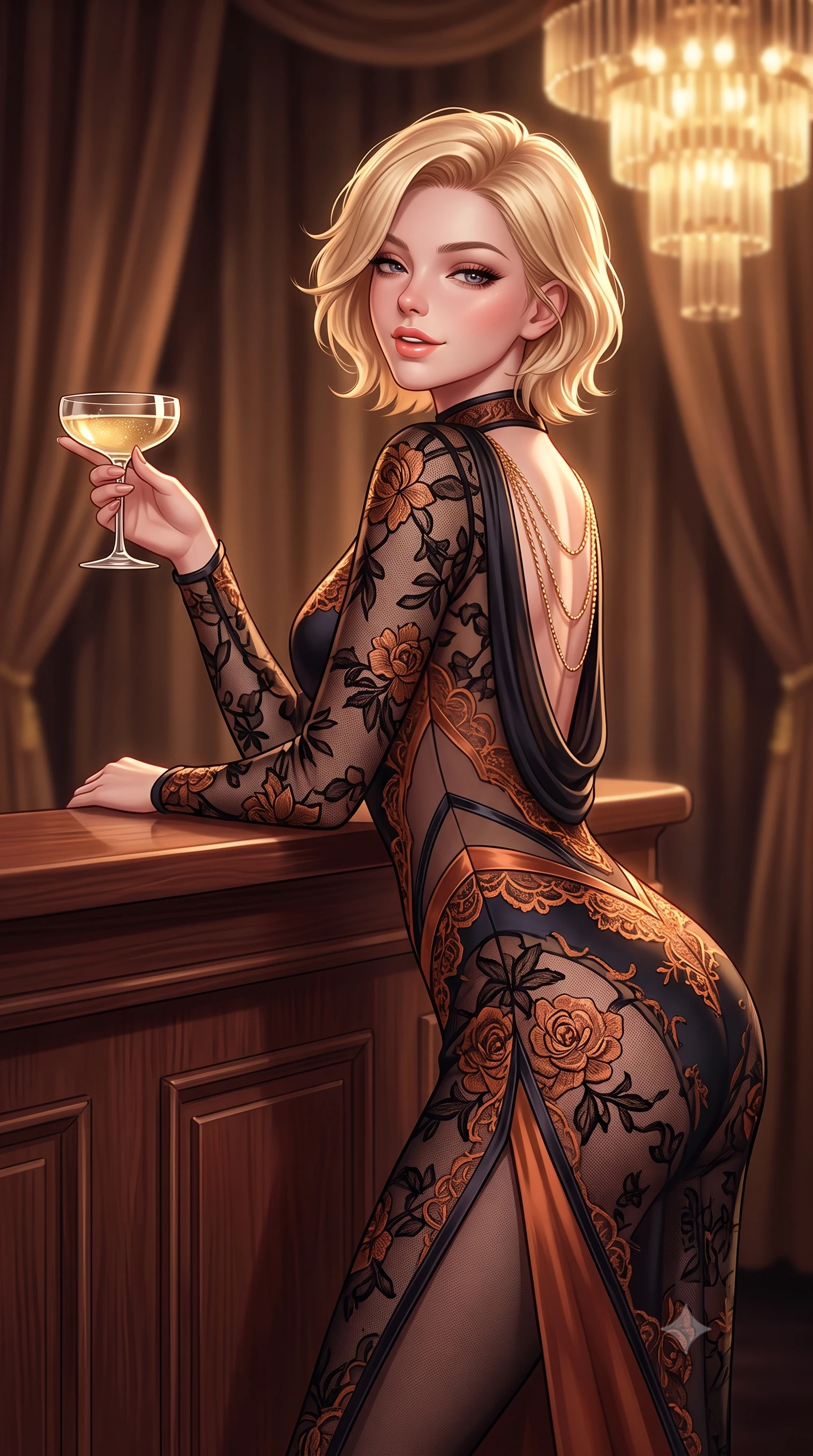 score_9, masterpiece, best quality, ultra-detailed, high-budget anime keyframe, semi-realistic 3D game render, editorial fashion photography, tasteful artistic composition, Caucasian woman. close-up cowboy shot from the waist and thighs up, the character dominates the composition, filling the frame with her large presence. leaning forward while arching her lower back to accentuate her curvy hips, looking into the camera with an intoxicating smoldering gaze and bedroom-eyes while leaning against the antique rosewood cocktail bar with hips cocked back, holding a coupe of champagne with heavy-lidded smoldering eyes. The background shows a soft-focus heavy velvet stage curtains softened in aristocratic Shanghai golden age shallow focus. She has an exceptionally elegant, slender, and willowy female figure with an ultra-slim waist, flat toned midriff, narrow ribcage, and sculpted feminine hips creating an alluring, slim hourglass silhouette without bulk. sharp v-shaped jawline, high-bridge nose, intricate jewel-like sparkling eyes with depth, thick eyelashes, glossy parted lips with a natural peach sheen, bright cheerful beaming smile with an enchanting and coquettish sensual glint, exuding both youthful cute charm and seductive allure, flawlessly proportioned anatomical accuracy, strict slender model proportions, natural body alignment, perfectly sculpted long slender limbs, ultra-slim waistline, clean dynamic posture without body distortion. wearing an ultra-daring sheer vinyl-trimmed illusion mesh catsuit with strategic translucent cutouts along her hips and torso in Lofoten midnight obsidian and warm hearth copper, made of delicate embroidered tulle lace with intricate floral motifs and soft transparency, accented with an open-back drape framed by falling strands of delicate gold chains, the high-slit wrap tailoring accentuating her ultra-slim waistline and the enchanting curve of her feminine hips with alluring seductive charm. bathed in the opulent golden 2600K radiance of multi-tiered Art Deco chandeliers dimmed to an intimate evening glow. highly saturated vibrant anime colors, detailed shading with soft gradients, rich glossy textures, high-contrast stereoscopic depth, volumetric dynamic lighting, master piece, 9:16 ratio