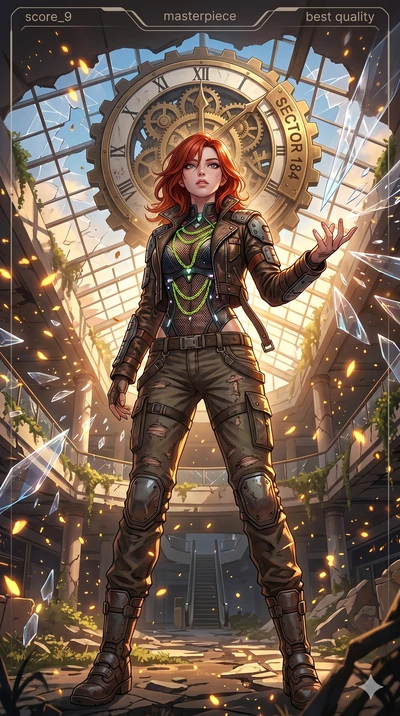 score_9, masterpiece, best quality, ultra-detailed, Set A: High-budget Anime Keyframe, Korean woman. Low angle cowboy shot filling the entire 9:16 frame with her statuesque presence. Theme: Ethereal Dream. shattering the fabric of reality in a ruined