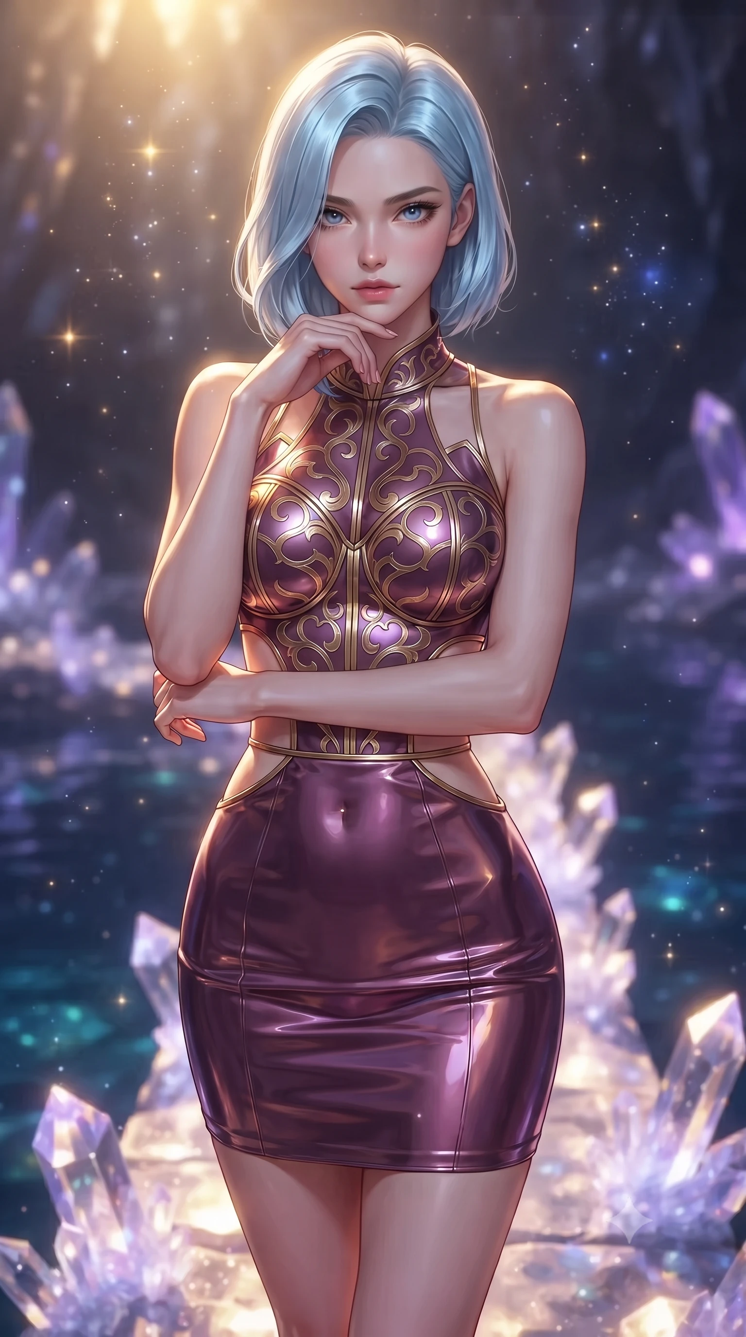 score_9, masterpiece, best quality, ultra-detailed, high-budget anime keyframe, editorial fashion photography, tasteful artistic composition, Korean woman. close-up cowboy shot from the waist and thighs up, the character dominates the composition, filling the frame with her large presence, background elements kept in soft focus. Resting her chin on the backs of her fingers, casting a sharp, mysterious gaze stepping along a glowing quartz crystal bridge over a subterranean mirror lake, glowing mineral dust shimmering like stars in the quiet cavern air. She has an exceptionally elegant, slender, and willowy female figure with an ultra-slim waist, a gracefully sculpted slender torso, and a refined silhouette. sharp v-shaped jawline, high-bridge nose, intricate jewel-like eyes with depth, thick eyelashes, glossy lips with a natural sheen. wearing a modern fusion silk hanbok dress with a structured bodice in plum purple and gold filigree, tailored from high-gloss patent leather, featuring subtle geometric cutouts that highlight her ultra-slim midriff, the form-contouring material highlighting her ultra-slim waist and long lines. lit by warm golden sunlight colliding with cool violet crystal illumination. ultra-reflective glossy finish, specular highlights, metallic sheen, high-contrast stereoscopic depth, volumetric dynamic lighting, 2k, ultra detail, master piece, 9:16 ratio