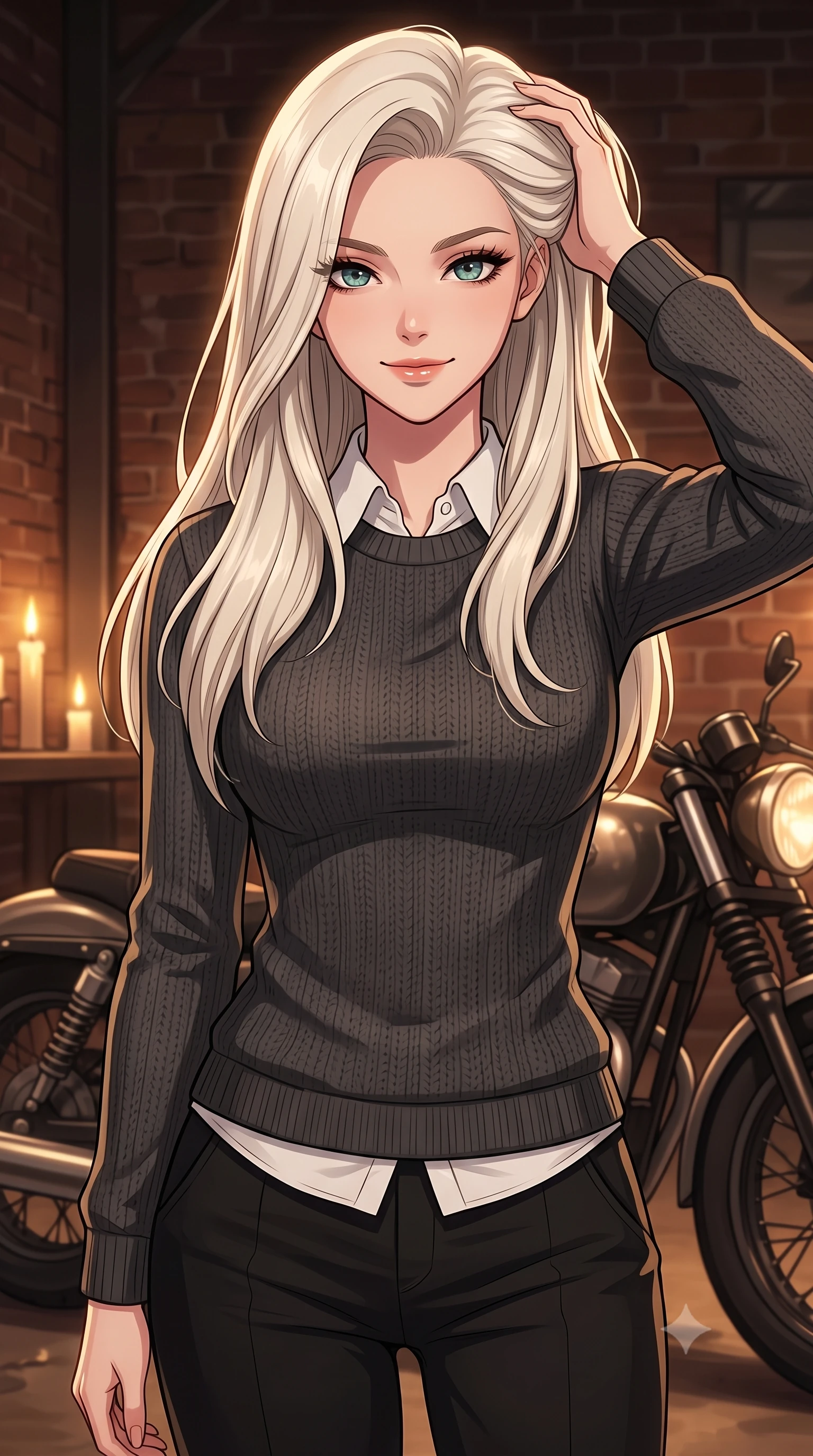 score_9, masterpiece, best quality, ultra-detailed, high-budget anime keyframe, tasteful artistic composition, Caucasian woman. close-up cowboy shot from the waist and thighs up, the character dominates the composition, filling the frame with her large presence, background elements kept in soft focus. smiling with quiet, magnetic self-assurance directly into the camera, running a hand through her hair the background shows a soft-focus a private hangar with a vintage motorcycle and exposed brick walls. She has an exceptionally elegant, slender, and willowy female figure with an ultra-slim waist, a gracefully sculpted slender torso, and a refined silhouette. sharp v-shaped jawline, high-bridge nose, intricate jewel-like eyes with depth, thick eyelashes, glossy lips with a natural sheen. wearing a slim-fit cozy charcoal grey knit sweater over a white collared shirt and black slacks. warm candlelight casting dramatic shadows on the steel motorcycle parts. highly saturated vibrant anime colors, cel-shading, 2d style, master piece, 9:16 ratio