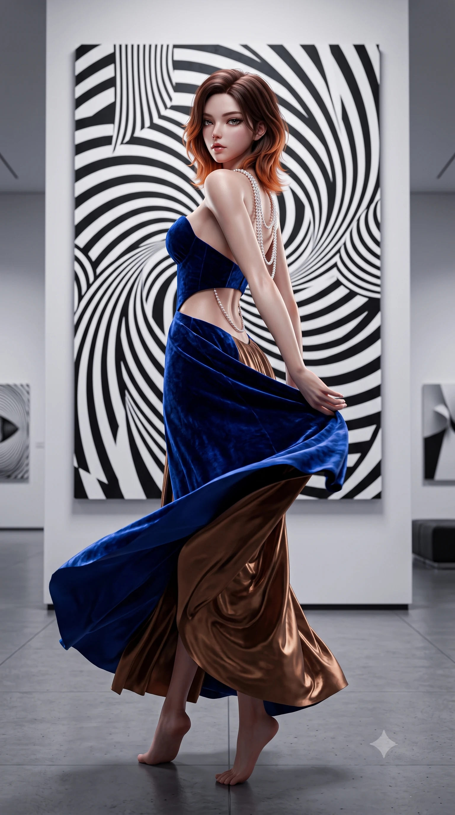score_9, masterpiece, best quality, ultra-detailed, high-budget anime keyframe, semi-realistic 3D game render, editorial fashion photography, tasteful artistic composition, Korean woman. low angle full-body shot from head to toe showing her feet, filling the entire 9:16 vertical frame with her statuesque presence, stretching her vertical silhouette. executing an elegant mid-motion pivot turn as garments swirl around her slender limbs, glancing over her shoulder with an intoxicating bedroom-gaze while posing before a monumental black-and-white op-art painting, twisting her slender torso in a sharp contrapposto stance to mirror the geometric optical curves. The surrounding environment is rendered in vivid detail and crisp panoramic clarity. high-contrast minimalist museum chiaroscuro and avant-garde contemporary high-fashion aesthetics in precision. She has an exceptionally tall and slender model-like 8.5-heads proportion, an ultra-slim waist, a flat toned midriff, narrow delicate ribcage, and beautifully sculpted feminine hips creating a graceful, slim hourglass silhouette without any bulky heaviness, with impossibly long slender legs. sharp v-shaped jawline, high-bridge nose, intricate jewel-like eyes with depth, thick eyelashes, glossy parted lips with a natural sheen, intensely captivating and seductive bedroom-eyes expression, flawlessly proportioned anatomical accuracy, strict slender model proportions, natural body alignment, perfectly sculpted long slender limbs, ultra-slim waistline, clean dynamic posture without body distortion. wearing a deep sweetheart neckline crushed velvet corseted ballgown with an exposed midriff cutout in royal sapphire blue and liquid bronze, tailored from liquid silk jersey adhering flawlessly to her slender build, accented with a multi-strand pearl back necklace cascading down her bare spine to her hips, the form-contouring material adhering flawlessly to her sculpted flat midriff and slender torso, emphasizing her long leg lines and perfectly proportioned willowy build. illuminated by sharp linear edge highlights defining her sculpted collarbones, ultra-slim waist, and curvy hips. highly saturated vibrant anime colors, detailed shading with soft gradients, rich glossy textures, high-contrast stereoscopic depth, volumetric dynamic lighting, master piece, 9:16 ratio
