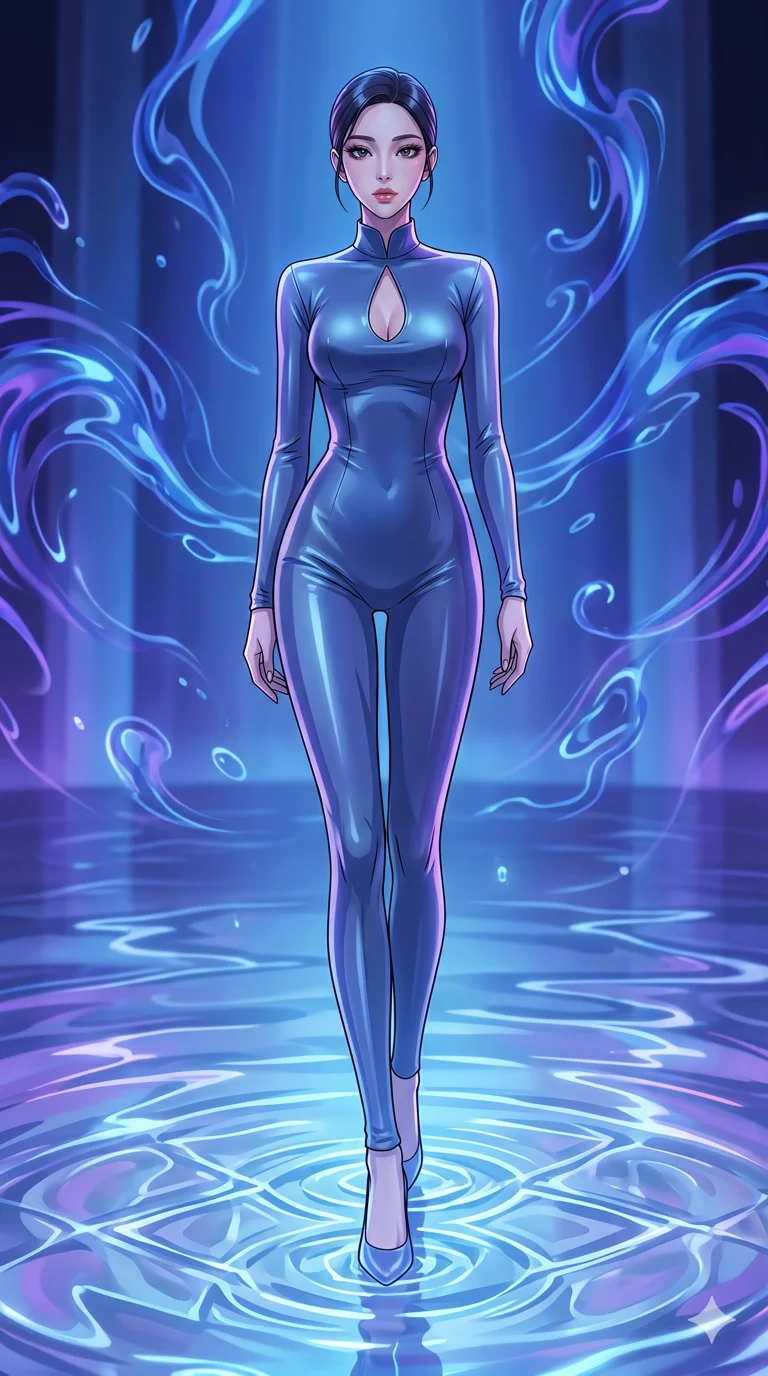 score_9, masterpiece, best quality, ultra-detailed, High-budget Anime Keyframe, vibrant colors, fluid line-art, expressive lighting, cinematic composition, Ufotable-style visual effects, top-tier animation quality, Korean woman with idol-like refined features. Medium shot from the thighs up, her commanding presence occupying two-thirds of the frame. Walking upon a surface of vibrating fluid that reacts to her every step with geometric ripples. She has an absolutely perfect 8-heads proportion, an exceptionally tall and slender female figure with impossibly long slender legs and an ultra-slim waist, her statuesque height and towering silhouette dominating the vertical 9:16 frame. Her face is a masterpiece featuring a sharp v-shaped jawline, high-bridge nose, intricate jewel-like eyes with depth, thick eyelashes, and glossy lips with a natural sheen. She is wearing a Sleek liquid-silk jumpsuit that clings to her frame, with a high collar and a small strategic teardrop cutout. The scene is set in a chamber of echoes where every sound creates beautiful liquid patterns in the air. 2k, ultra detail, master piece, 9:16 ratio