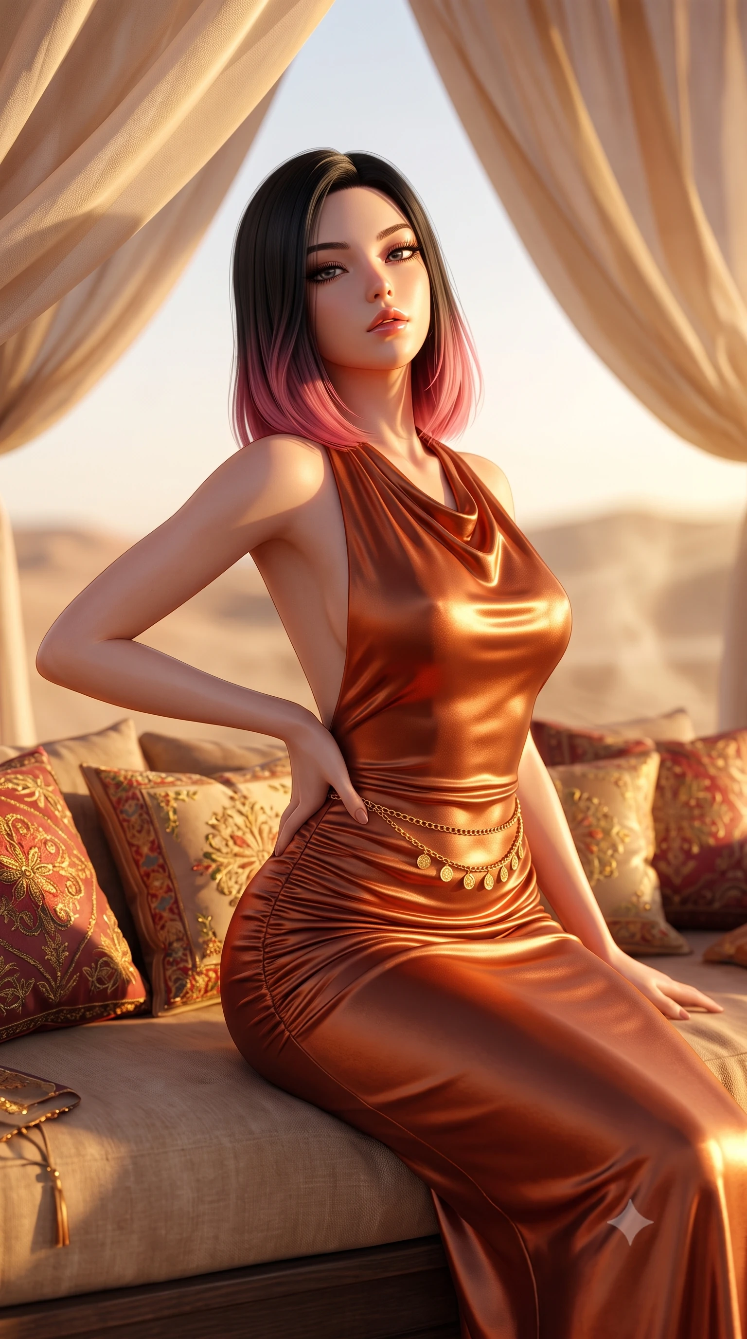 score_9, masterpiece, best quality, ultra-detailed, high-budget anime keyframe, semi-realistic 3D game render, editorial fashion photography, tasteful artistic composition, Korean woman. close-up cowboy shot from the waist and thighs up, the character dominates the composition, filling the frame with her large presence. tilting her chin up with proud, sovereign allure while gazing through thick eyelashes, one hand resting on her waist in pure supermodel charisma while stretching languidly across an outdoor desert daybed strewn with embroidered silk cushions, parted glossy lips glowing in molten sunset light. The composition keeps background elements in soft focus with creamy bokeh. billowing silk canopy drapes and rising desert heat haze softened in dreamy shallow focus. She has an exceptionally elegant, slender, and willowy female figure with an ultra-slim waist, a gracefully sculpted slender torso, toned flat midriff, and rounded feminine hips creating an alluring hourglass silhouette. sharp v-shaped jawline, high-bridge nose, intricate jewel-like eyes with depth, thick eyelashes, glossy parted lips with a natural sheen, intensely captivating and seductive bedroom-eyes expression, flawlessly proportioned anatomical accuracy, strict slender model proportions, natural body alignment, perfectly sculpted long slender limbs, ultra-slim waistline, clean dynamic posture without body distortion. wearing a backless draped silk jersey column gown with molten copper sheen and hip-accentuating ruching in spicy cinnamon orange and metallic copper, crafted from second-skin supple lambskin leather with liquid drape, accented with a delicate gold coin chain belt resting loosely on her curvy hips, the liquid-tight tailored fabric clinging flawlessly to her narrow waist and rounded feminine hips, emphasizing every millimeter of her sculpted hourglass curves during movement. illuminated by dramatic low-angle sun rays defining her razor-sharp jawline, narrow waist, and curvy hips. highly saturated vibrant anime colors, detailed shading with soft gradients, rich glossy textures, high-contrast stereoscopic depth, volumetric dynamic lighting, master piece, 9:16 ratio