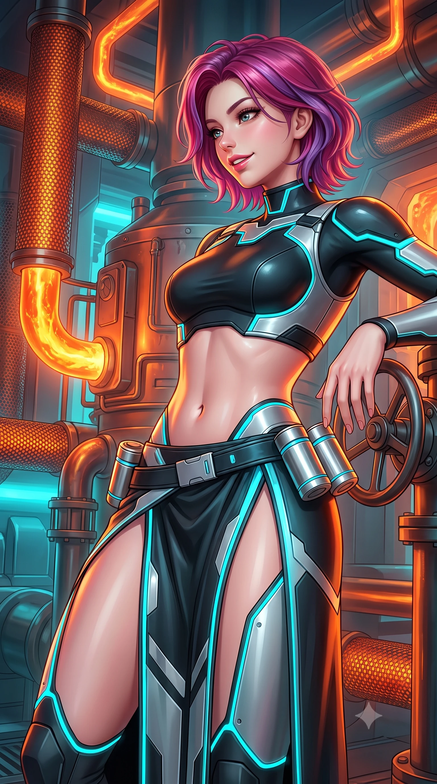 score_9, masterpiece, best quality, ultra-detailed, high-budget anime keyframe, semi-realistic 3D game render, editorial fashion photography, tasteful artistic composition, Caucasian woman. close-up cowboy shot from the waist and thighs up, the character dominates the composition, filling the frame with her large presence. leaning back against the glowing maintenance bulkhead with relaxed seductive grace, her flat midriff and narrow waist highlighted as laser ambient light traces her curves while resting one hand on the control valve wheel while glancing back, her tight thermal combat suit hugging her narrow waist and curvy hips. The surrounding environment is rendered in vivid detail and crisp panoramic clarity: detailed heat-resistant suit weave, orange furnace specular highlights on armor, and mega-engineering architecture in high resolution. She has an exceptionally elegant, slender, and willowy female figure with an ultra-slim waist, flat toned midriff, narrow ribcage, and sculpted feminine hips creating an alluring, slim hourglass silhouette without bulk. sharp v-shaped jawline, high-bridge nose, intricate jewel-like sparkling eyes with depth, thick eyelashes, glossy parted lips with a natural sheen, bright confident smile with an enchanting and coquettish sensual glint, exuding both youthful magnetic charm and sovereign high-tech allure, flawlessly proportioned anatomical accuracy, strict slender model proportions, natural body alignment, perfectly sculpted long slender limbs, ultra-slim waistline, clean dynamic posture without body distortion. wearing a cyber-samurai tactical suit featuring a shortened carbon chestplate and high-slit armored wrap skirt in matte obsidian black and glowing neon cyan trim, formed from supple thermal silicone composite adhering seamlessly like a second skin, accented with a sleek utility belt with polished magnetic canisters resting loosely on her curvy hips, the high-waisted tailoring accentuating her ultra-slim waistline and the enchanting curve of her feminine hips with alluring dark charm. bathed in dynamic fiery orange and molten amber glow from geothermal pipes contrasting with cool shadows. highly saturated vibrant anime colors, detailed shading with soft gradients, rich glossy textures, high-contrast stereoscopic depth, volumetric dynamic lighting, master piece, 9:16 ratio