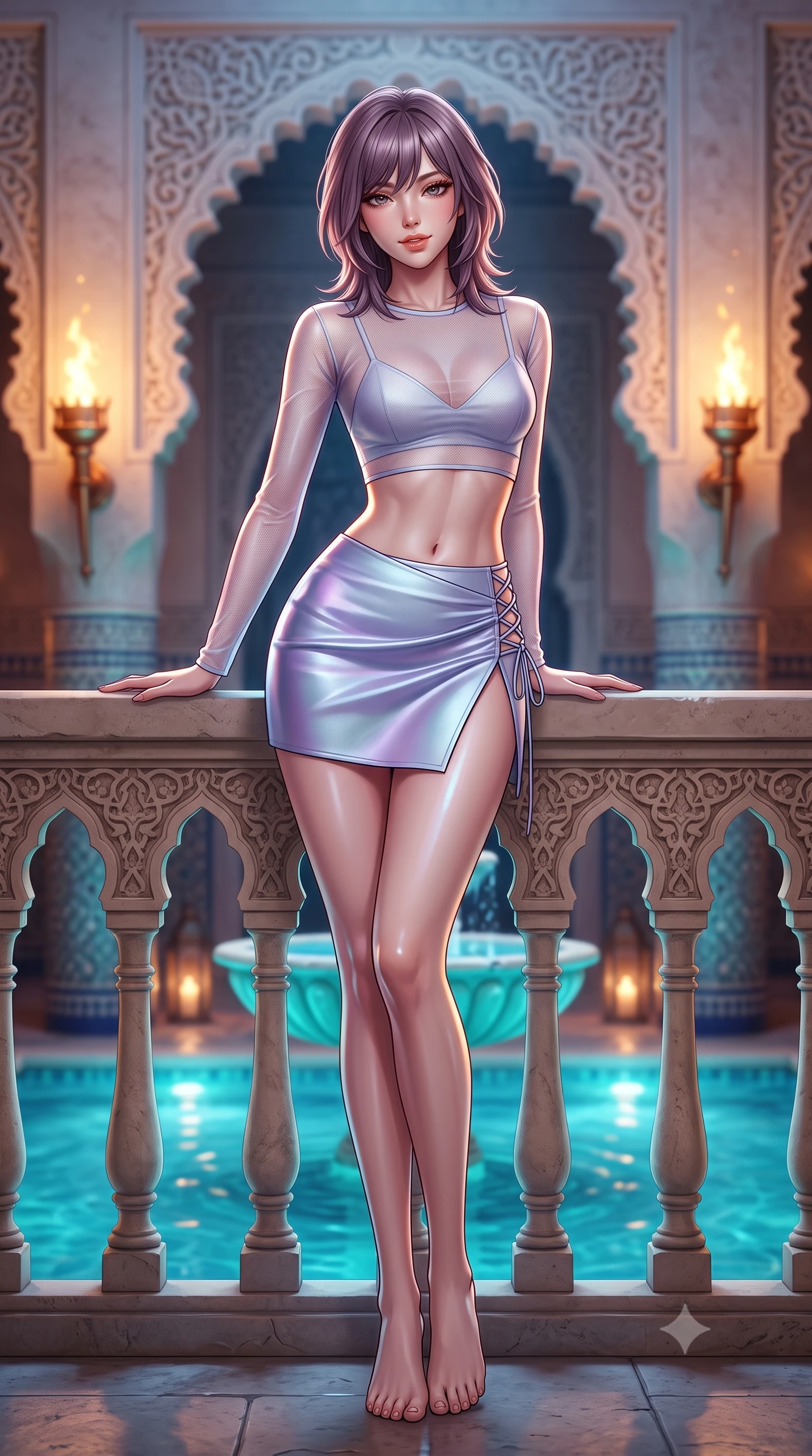 score_9, masterpiece, best quality, ultra-detailed, high-budget anime keyframe, semi-realistic 3D game render, editorial fashion photography, tasteful artistic composition, Japanese woman. low angle full-body shot from head to toe showing her feet, filling the entire 9:16 vertical frame with her statuesque presence, stretching her vertical silhouette. leaning deep against the balcony balustrade with hips cocked back in an unapologetically alluring high-fashion stance, casting an intoxicating glance while twisting her slender torso in an alluring S-curve, dancing torchlight and water reflections sculpting highlights across her flat midriff and hips. The background shows a soft-focus intricate carved arabesque plaster arches, glowing copper torches in brackets, and central turquoise zellij fountain blurred into cobalt, copper, and honey bokeh. She has an absolutely perfect, statuesque 8.5-heads proportion, an exceptionally tall and slender model-like female figure with impossibly long slender legs, an ultra-slim waist, a flat toned midriff, narrow delicate ribcage, and beautifully sculpted feminine hips creating a graceful, slim hourglass silhouette without any bulky heaviness. sharp v-shaped jawline, high-bridge nose, sparkling eyes with hypnotic seductive depth, thick curled eyelashes, glossy parted lips with a natural dewy peach sheen, alluring bedroom-eyes with an enchanting coquettish smile, exuding magnetic siren charisma and sophisticated glamour, flawlessly proportioned anatomical accuracy, strict slender model proportions, natural body alignment, perfectly sculpted long slender limbs, ultra-slim waistline, clean dynamic posture without body distortion. wearing a sheer mesh long-sleeve crop top over an opaque strappy micro-bralette and a sleek leatherette mini skirt in icy aurora-violet and glacial liquid silver, tailored from fine structural neoprene with crisp architectural edges and smooth contouring, featuring fine criss-cross lace-up side ties revealing tantalizing glimpses of her hip curve, the high-slit wrap tailoring accentuating her ultra-slim waistline and the enchanting curve of her feminine hips with alluring seductive charm. bathed in the warm dynamic flicker of real outdoor oil torches combined with turquoise submerged pool downlighting. highly saturated vibrant anime colors, detailed shading with soft gradients, rich glossy textures, high-contrast stereoscopic depth, volumetric dynamic lighting, master piece, 9:16 ratio