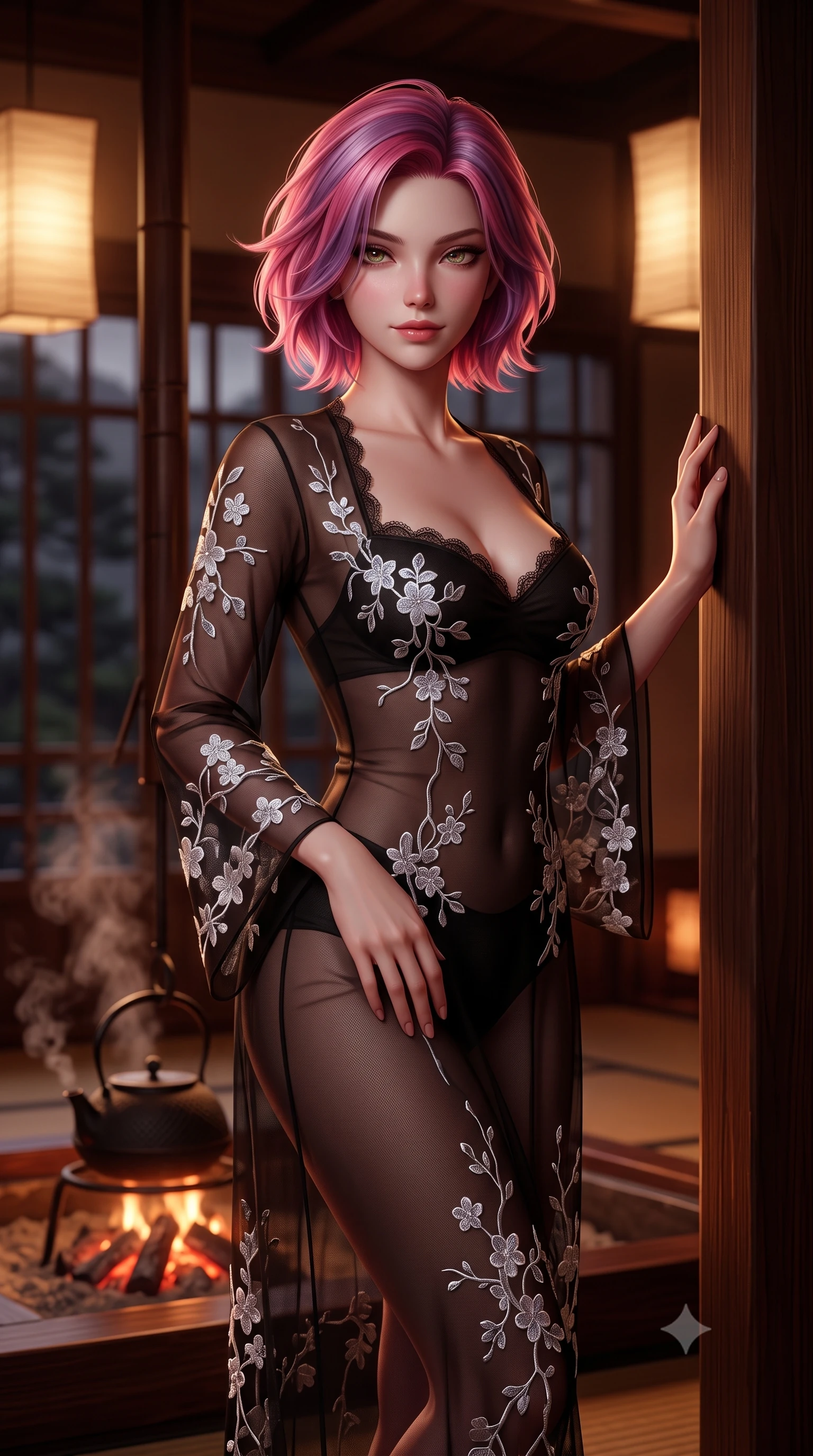 score_9, masterpiece, best quality, ultra-detailed, high-budget anime keyframe, semi-realistic 3D game render, editorial fashion photography, tasteful artistic composition, Caucasian woman. close-up cowboy shot from the waist and thighs up, the character dominates the composition, filling the frame with her large presence. turning slowly with an enchanting smoldering smile, her glossy hair tossing in the breeze as her hips angle gracefully in a captivating contrapposto while leaning against the dark polished cedar pillar with hips cocked back, looking through wooden lattice windows with smoldering bedroom-eyes. The background shows a soft-focus glowing charcoal embers in the bronze irori hearth, cast-iron tea kettle steam, and dark Kiso mountain pines outside blurred into ruby, amber, and charcoal bokeh. She has an exceptionally elegant, slender, and willowy female figure with an ultra-slim waist, flat toned midriff, narrow ribcage, and sculpted feminine hips creating an alluring, slim hourglass silhouette without bulk. sharp v-shaped jawline, high-bridge nose, intricate jewel-like sparkling eyes with depth, thick eyelashes, glossy parted lips with a natural peach sheen, bright cheerful beaming smile with an enchanting and coquettish sensual glint, exuding both youthful cute charm and seductive allure, flawlessly proportioned anatomical accuracy, strict slender model proportions, natural body alignment, perfectly sculpted long slender limbs, ultra-slim waistline, clean dynamic posture without body distortion. wearing a provocative sheer noir illusion mesh kimono dress with embroidered silver cherry blossom motifs framing her curves in pure translucent crystal white and iridescent opal, made of fluid liquid jersey with seamless sculpting hold and smooth contours, finished with scalloped eyelash lace trim framing her sweetheart neckline with intimate elegance, the glove-like clinging cut tightly following the natural contour of her hips and long slender legs with youthful 8.5-heads elegance. bathed in the rich chiaroscuro 2000K ruby-amber glow of natural burning hardwood charcoal mixed with soft paper sconces. highly saturated vibrant anime colors, detailed shading with soft gradients, rich glossy textures, high-contrast stereoscopic depth, volumetric dynamic lighting, master piece, 9:16 ratio
