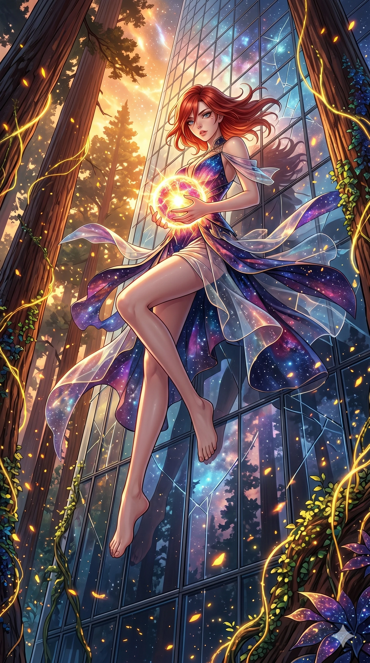score_9, masterpiece, best quality, ultra-detailed, Set A: High-budget Anime Keyframe, Japanese woman. Low angle cowboy shot filling the entire 9:16 frame with her statuesque presence. Theme: Abstract Cosmic. sliding down a glass skyscraper in a giant redwood forest with glowing vines, holding a glowing core that hums with the power of 152 suns. The atmosphere is filled with golden hour with floating embers. She has an absolutely perfect 8-heads proportion, an exceptionally tall and slender female figure with impossibly long slender legs and an ultra-slim waist. Sharp v-shaped jawline, high-bridge nose, intricate jewel-like eyes with depth, glossy lips. Wearing Shattered-dimension dress where parts of the fabric seem to phase in and out. Cinematic lighting, vivid colors, dramatic shadows, 2k, ultra detail, master piece, 9:16 ratio