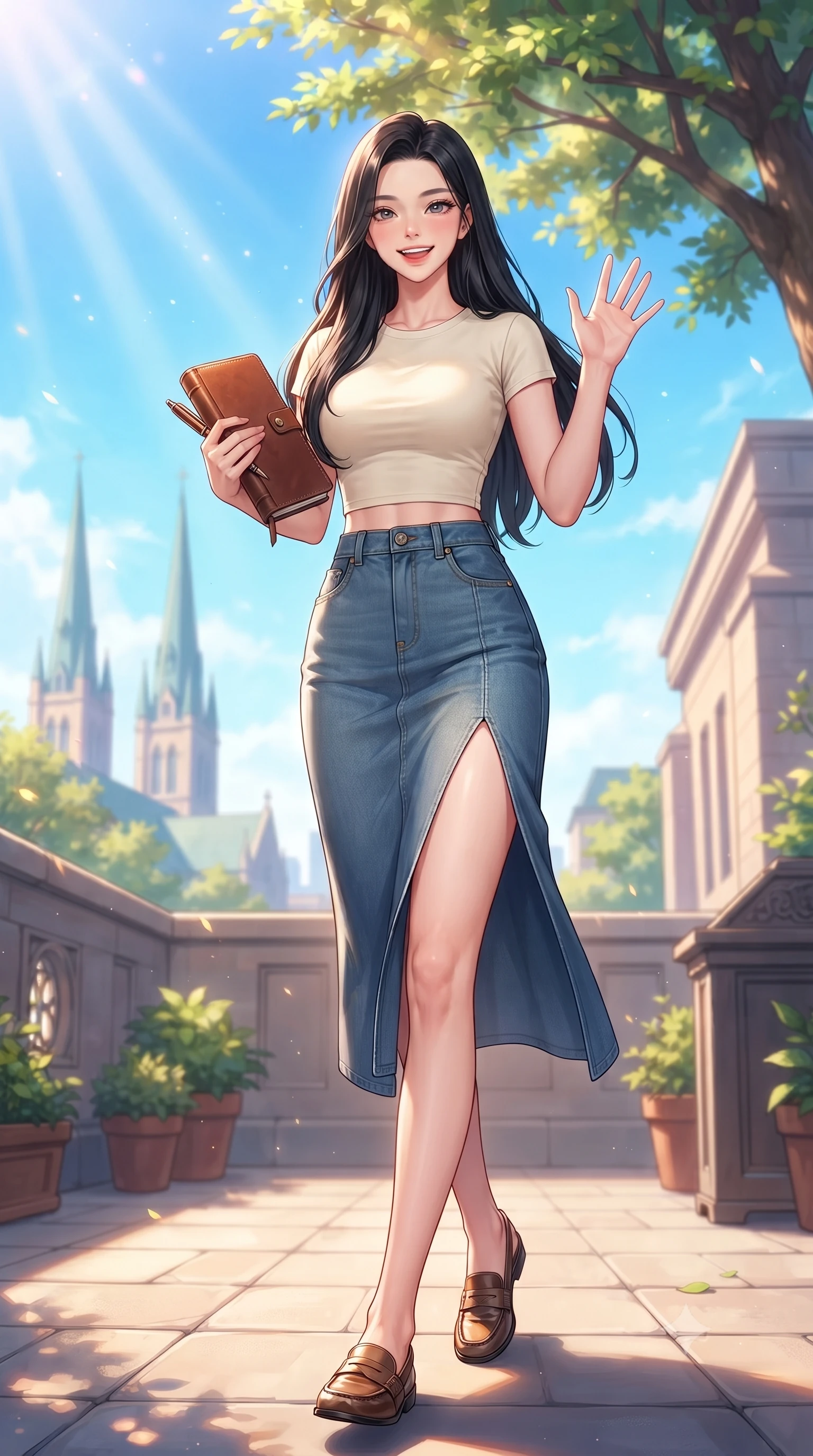 score_9, masterpiece, best quality, ultra-detailed, high-budget anime keyframe, editorial fashion photography, tasteful artistic composition, Korean woman. low angle full-body shot from head to toe showing her feet, filling the entire 9:16 vertical frame with her statuesque presence, stretching her vertical silhouette. stepping forward with a bright, cheerful smile, waving happily at the viewer set against a soft-focus background of on a scenic campus rooftop terrace overlooking the university spires and a blue sky holding a leather-bound journal and a matching pen. She has an absolutely perfect, statuesque 8.5-heads proportion, an exceptionally tall and slender model-like female figure with impossibly long slender legs and an ultra-slim waist. sharp v-shaped jawline, high-bridge nose, intricate jewel-like eyes with depth, thick eyelashes, glossy lips with a natural sheen. wearing slim-fit modern crop top tee in cream, paired with a high-slit denim midi skirt. warm morning sunbeams filtering through the leafy tree canopy. highly saturated vibrant anime colors, detailed shading with soft gradients, rich glossy textures, high-contrast stereoscopic depth, volumetric dynamic lighting, master piece, 9:16 ratio