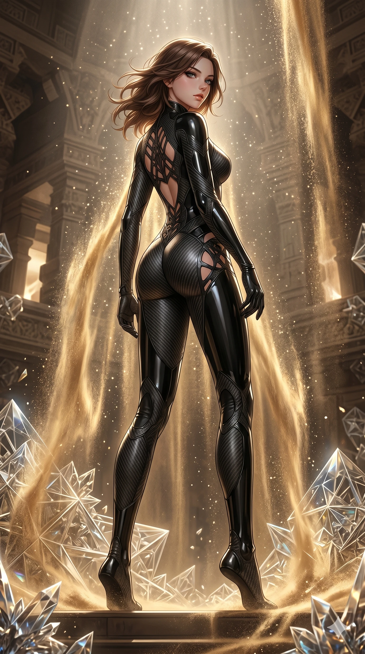 score_9, masterpiece, best quality, ultra-detailed, high-budget anime keyframe, Korean woman. low angle full-body shot filling the entire 9:16 frame with her statuesque presence, stretching the vertical silhouette. descending through a fractal quicksand temple where golden sand waterfalls transform into glass crystals, revealing intricate repeating patterns. She has an absolutely perfect 8-heads proportion, an exceptionally tall and slender female figure with impossibly long slender legs and an ultra-slim waist. V-shaped jawline, high-bridge nose, intricate jewel-like eyes with depth, thick eyelashes, glossy lips with a natural sheen.. wearing a second-skin carbon fiber combat suit, featuring matte carbon fiber and glossy latex panels with elegant slitted cutouts on the upper back. illuminated by dramatic chiaroscuro casting soft shadows along her curves, with vibrant backlighting highlighting the dust particles. 2k, ultra detail, master piece, 9:16 ratio