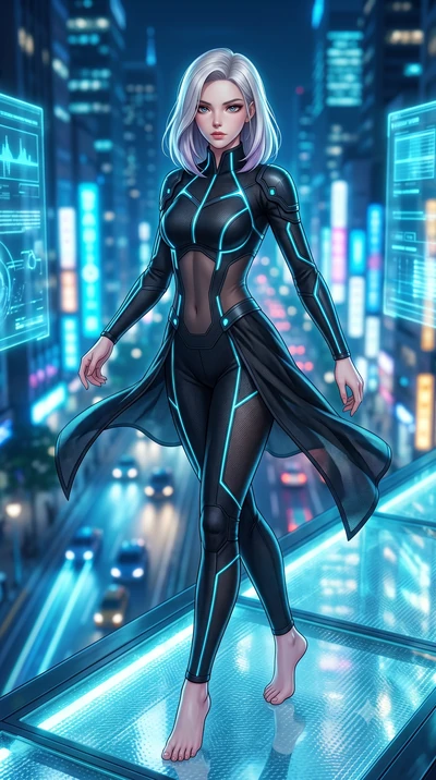 score_9, masterpiece, best quality, ultra-detailed, high-budget anime keyframe, semi-realistic 3D game render, editorial fashion photography, tasteful artistic composition, Caucasian woman. low angle full-body shot from head to toe showing her feet, 