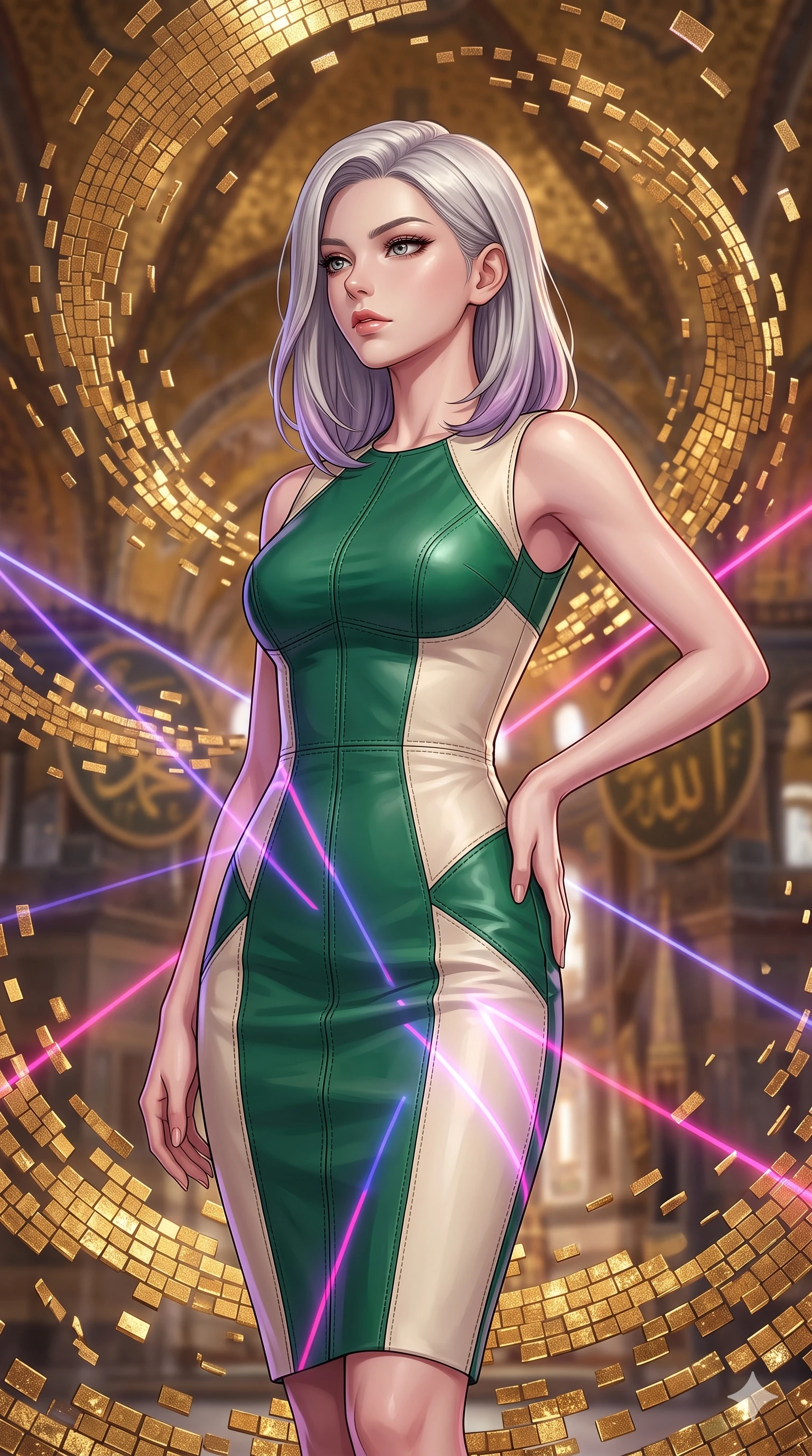 score_9, masterpiece, best quality, ultra-detailed, high-budget anime keyframe, editorial fashion photography, tasteful artistic composition, Caucasian woman, strictly human ears. close-up cowboy shot from the waist and thighs up, the character dominates the composition, filling the frame with her large presence, background elements kept in soft focus. Gazing past the camera with an air of effortless superiority. set against a soft-focus background of a grand Byzantine hall where millions of golden mosaic tiles detach from the walls and ceiling to float and rearrange themselves into new sacred patterns mid-air shimmering with metallic luster. She has an exceptionally elegant and slender, willowy female figure with an ultra-slim waist, a gracefully sculpted slender torso, and a refined slim physique. sharp v-shaped jawline, high-bridge nose, intricate jewel-like eyes with depth, thick eyelashes, glossy lips with a natural sheen. wearing a fitted pencil dress in color-blocked emerald green and cream leather, contouring her athletic, slender build with precision topstitching. laser lines of violet and hot pink reflecting off surfaces casting geometric neon highlights. 2k, ultra detail, master piece, 9:16 ratio